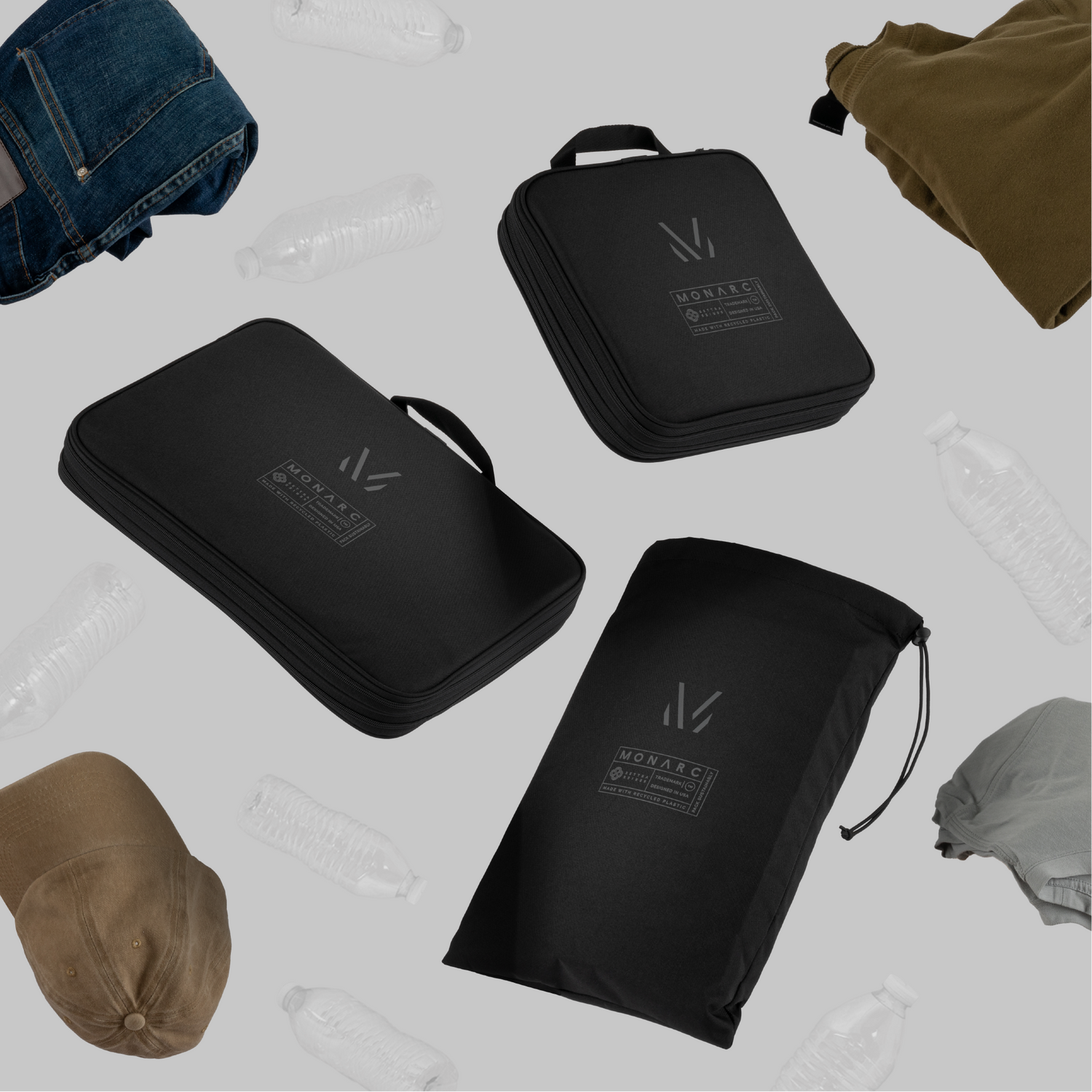 Monarc travel set floating with clothes