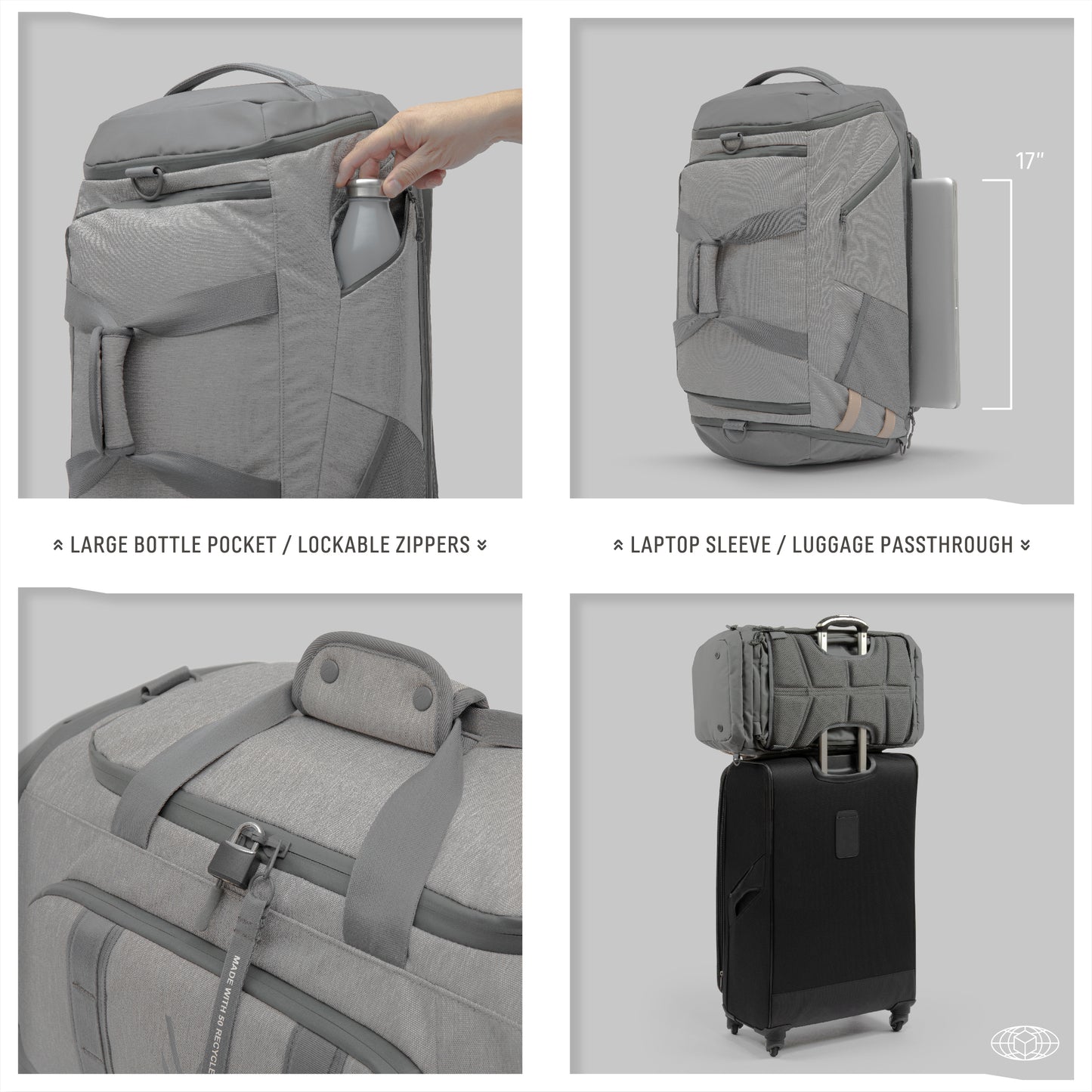 Monarc 40L Travel Duffel Backpack in light gray, displaying a large side bottle pocket with lockable zippers and a laptop sleeve with luggage pass-through feature. These functionalities cater to the needs of tech-savvy travelers, offering convenience and security while accommodating up to a 17-inch laptop in a dedicated sleeve.