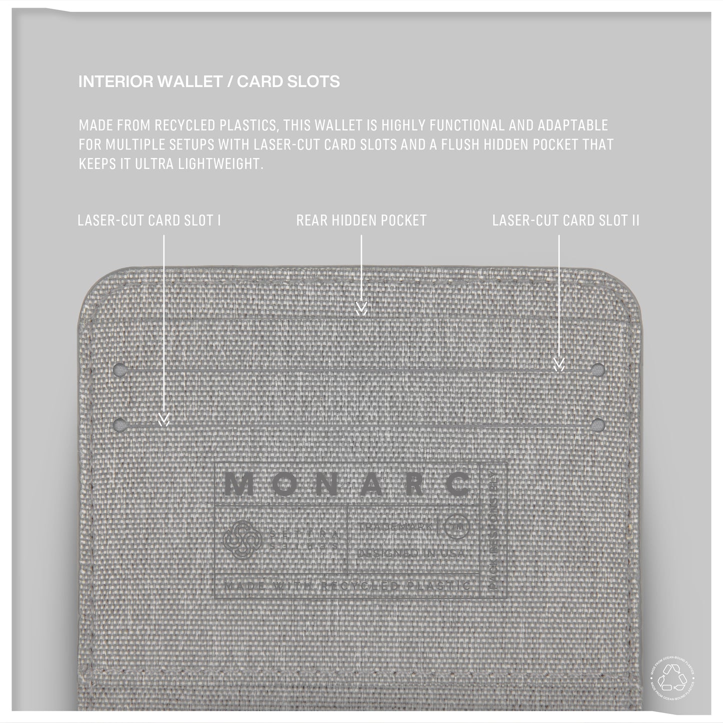 Close-up view of the Monarc wallet's interior in gray, highlighting its functional design with laser-cut card slots and a rear hidden pocket. The wallet is made from durable recycled materials, ensuring both sustainability and practicality in its lightweight structure.