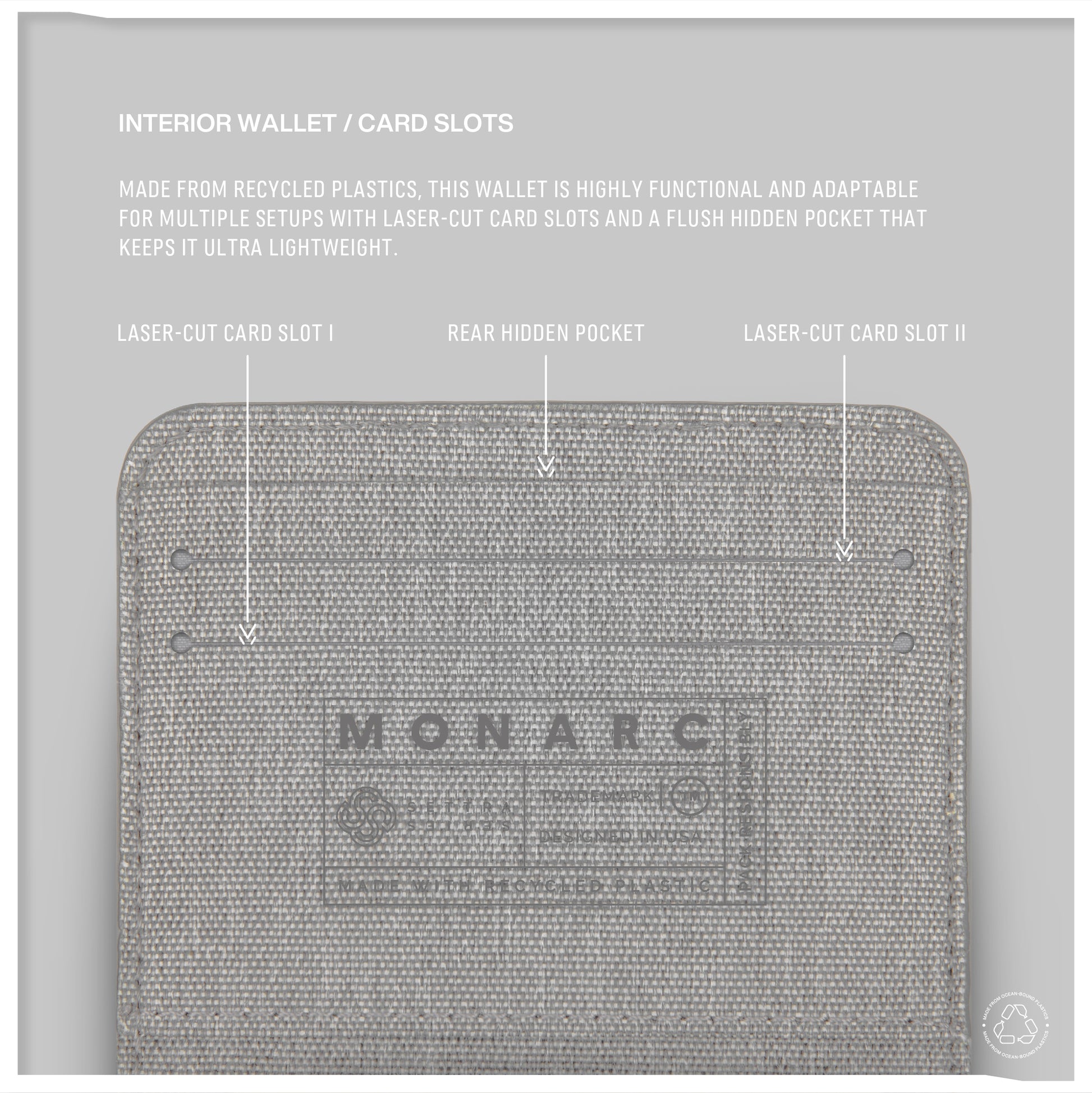 Close-up view of the Monarc wallet's interior in gray, highlighting its functional design with laser-cut card slots and a rear hidden pocket. The wallet is made from durable recycled materials, ensuring both sustainability and practicality in its lightweight structure.