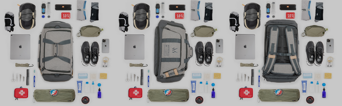 An array of travel essentials meticulously laid out around two Monarc backpacks, displaying items such as shoes, electronic devices, toiletries, and outdoor gear for efficient packing.