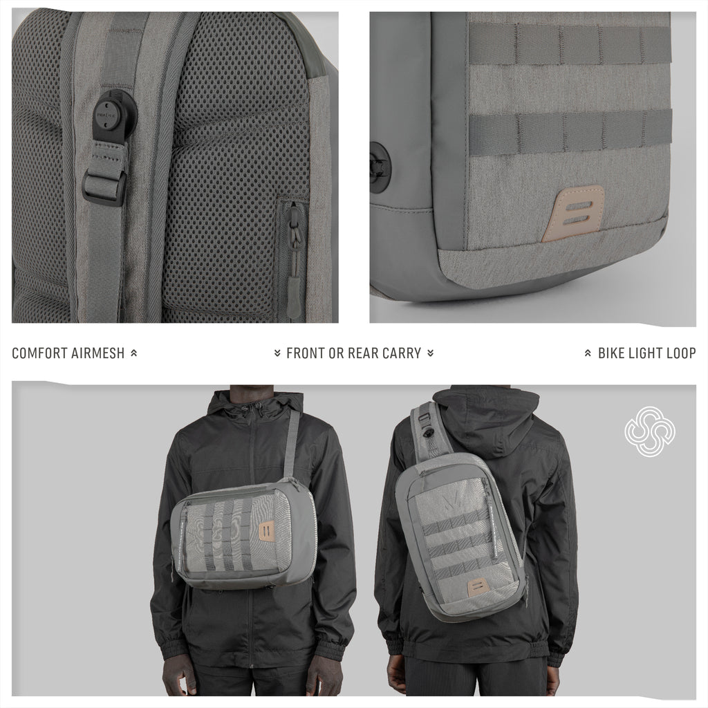 Multi-view of Monarc 10L Crossbody Sling in light gray, highlighting its ergonomic features: Comfort AirMesh back padding, versatility in front or rear carry, and a bike light loop. The model demonstrates the sling's ease of use and comfort in an urban setting, enhancing the bag's practicality for daily commuters and eco-conscious travelers.