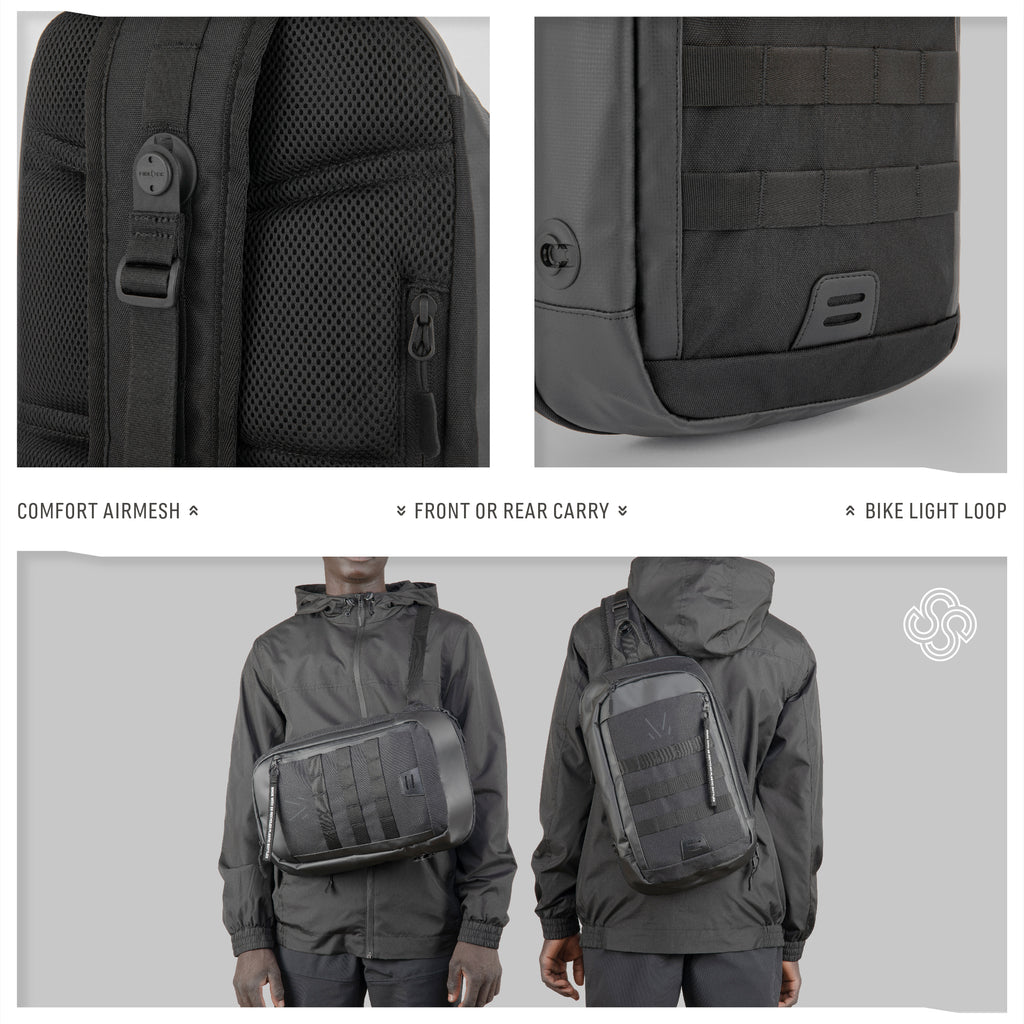 Monarc 10L Crossbody Sling in action, highlighting the comfort AirMesh padding, front or rear carry options, and the bike light loop. A model demonstrates the sling's ergonomic fit for urban commuting. The image features the bag’s design versatility and its superior comfort, tailored for active lifestyles and eco-conscious consumers.