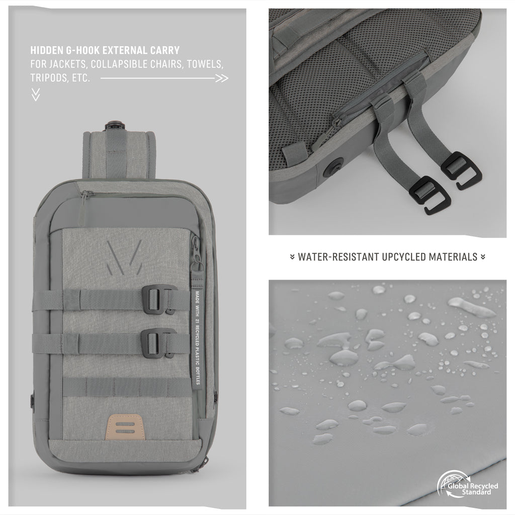 Close-up of the Monarc 10L Crossbody Sling in light gray showcasing its features: hidden G-hook for versatile external carry, robust straps for secure adjustments, and the bag's water-resistant upcycled materials certified by the Global Recycled Standard, demonstrating Monarc's commitment to sustainability.