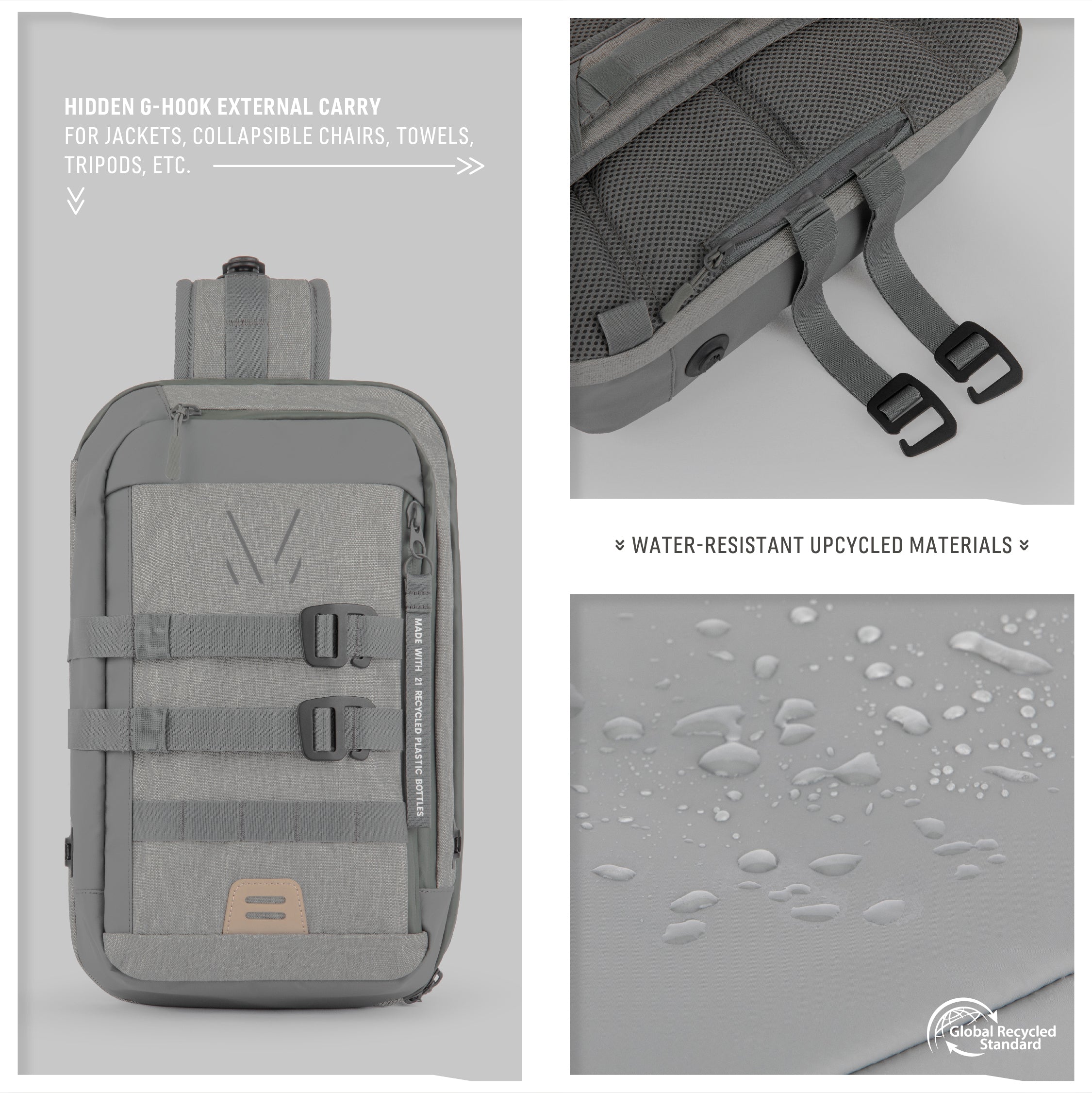 Close-up of the Monarc 10L Crossbody Sling in light gray showcasing its features: hidden G-hook for versatile external carry, robust straps for secure adjustments, and the bag's water-resistant upcycled materials certified by the Global Recycled Standard, demonstrating Monarc's commitment to sustainability.