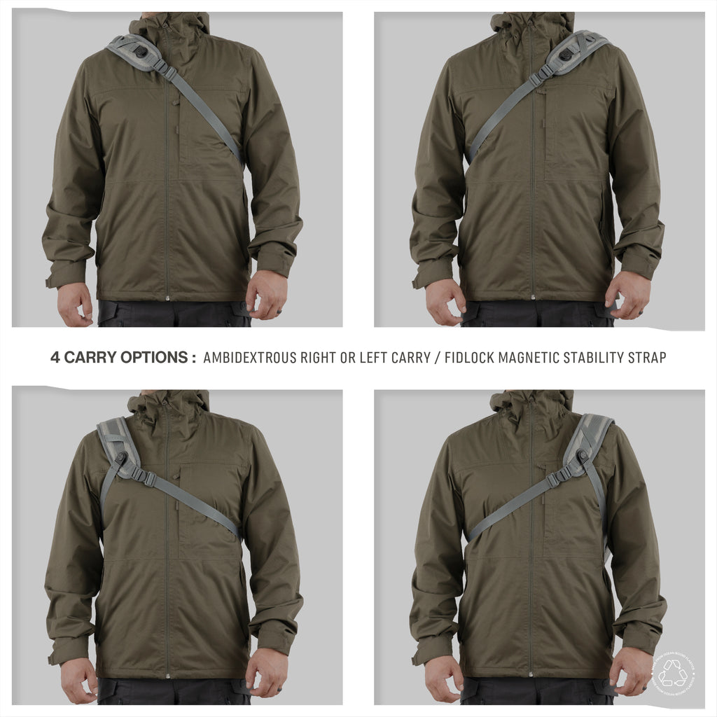 Model demonstrating the Monarc 10L Crossbody Sling's versatility with four carry options: ambidextrous right or left shoulder carry, showcasing the Fidlock magnetic stability strap. The olive green jacket complements the gray sling, highlighting its practical design and adaptability for everyday urban use.