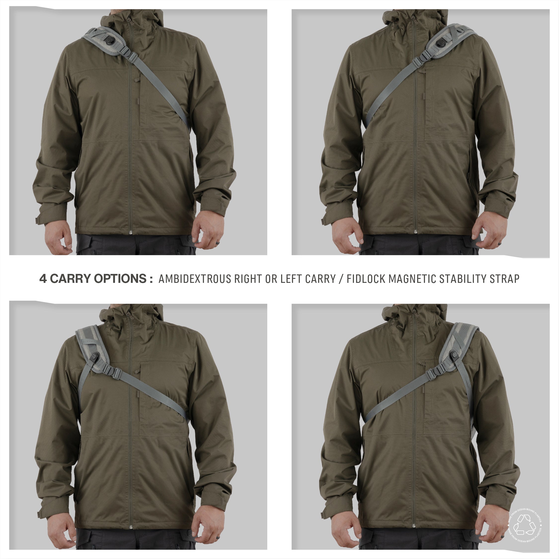 Model demonstrating the Monarc 10L Crossbody Sling's versatility with four carry options: ambidextrous right or left shoulder carry, showcasing the Fidlock magnetic stability strap. The olive green jacket complements the gray sling, highlighting its practical design and adaptability for everyday urban use.