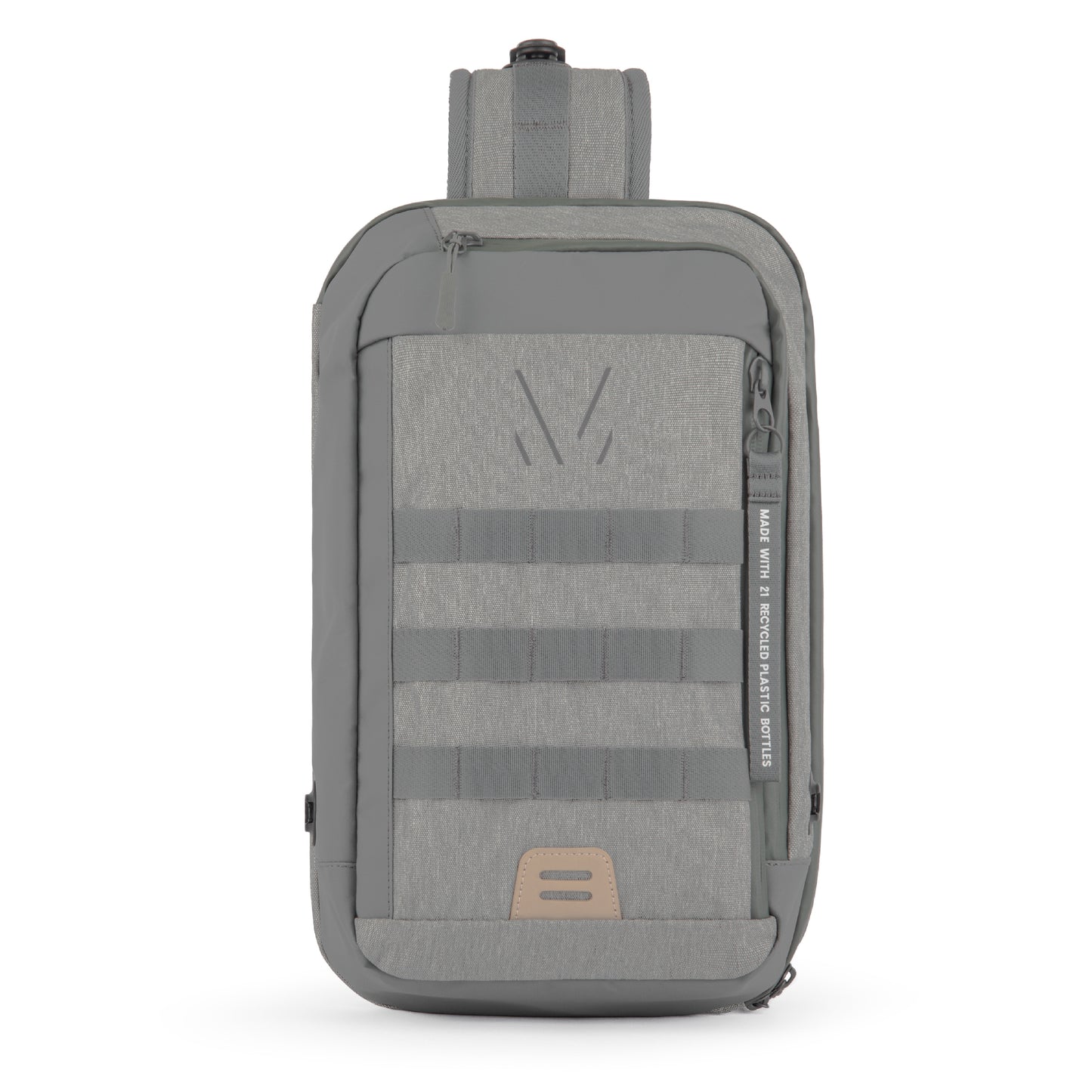 Monarc 10L Crossbody Sling in light gray, featuring laser-cut MOLLE webbing for modular attachments. The UV printed Monarc logo and label detailing its construction from recycled plastic bottles accentuate its sustainable design. Ideal for tech-savvy travelers, this sling offers a modern aesthetic with a commitment to environmental responsibility.