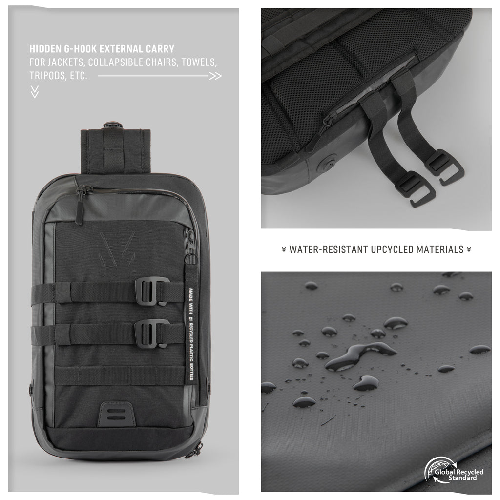 Detailed view of Monarc 10L Crossbody Sling highlighting its versatile features, including the hidden G-hook for external carry and water-resistant upcycled materials. The bag's design showcases the functional aesthetics with durable straps, secure buckles, and the Global Recycled Standard logo emphasizing sustainability.