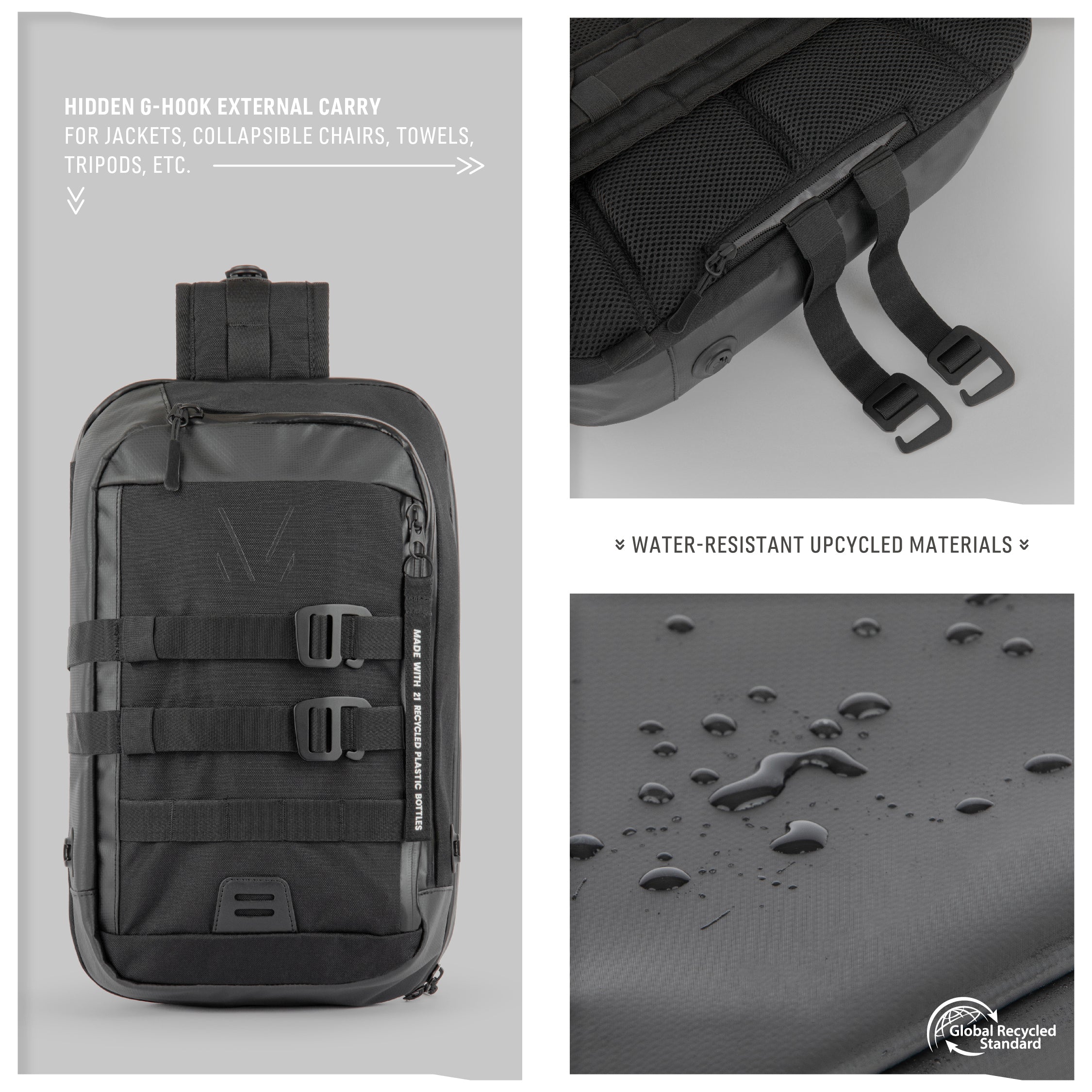 Detailed view of Monarc 10L Crossbody Sling highlighting its versatile features, including the hidden G-hook for external carry and water-resistant upcycled materials. The bag's design showcases the functional aesthetics with durable straps, secure buckles, and the Global Recycled Standard logo emphasizing sustainability.