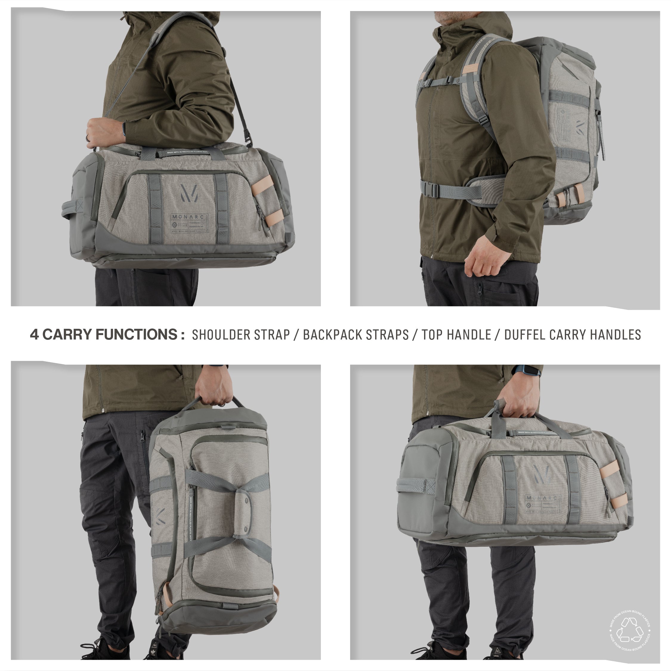 Model demonstrating the Monarc 40L Travel Duffel Backpack in light gray, showcasing its four versatile carrying options: shoulder strap, backpack straps, top handle, and duffel carry handles. Each position highlights the backpack’s adaptability and comfort, making it an ideal choice for extended travel and varied transportation needs.