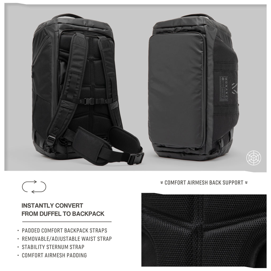 Monarc 40L Travel Duffel Backpack showcasing its conversion capabilities from duffel to backpack with padded straps and comfort Airmesh back support. This view emphasizes the backpack’s ergonomics, including adjustable waist and sternum straps, designed for heavy loads and prolonged carry, ideal for versatile travelers.