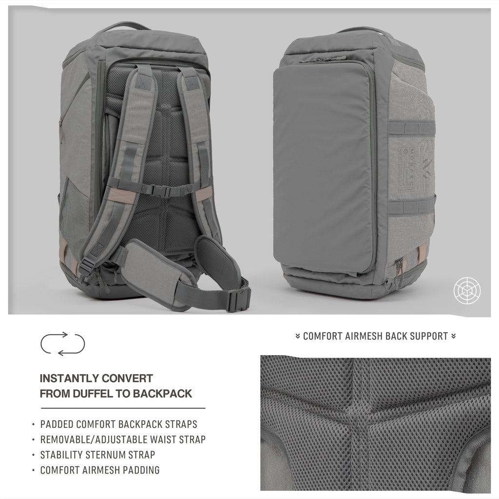 Monarc 40L Travel Duffel Backpack in light gray, converted to backpack mode showcasing its ergonomic features. The backpack straps, removable waist strap, stability sternum strap, and comfort Airmesh back support are highlighted, illustrating the bag's design for ease of carry and user comfort during extended travel.