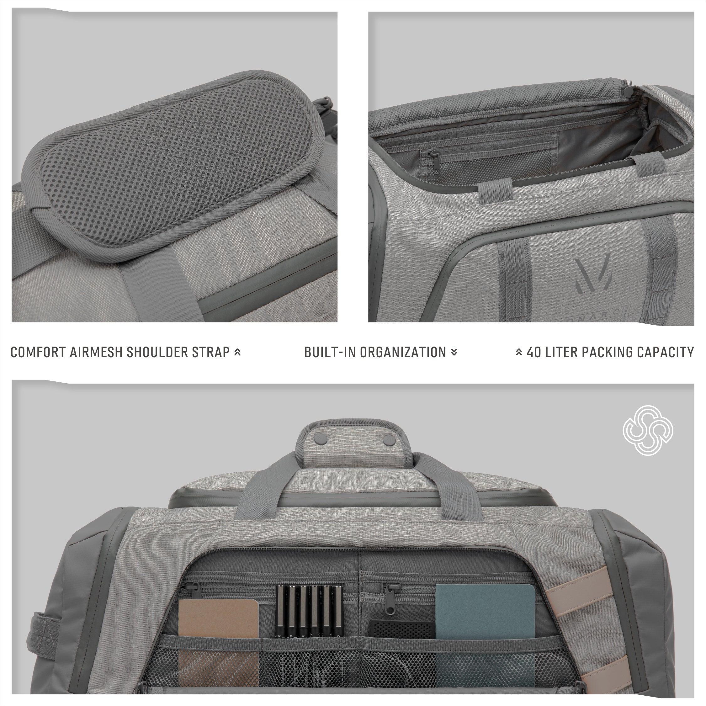 Close-up of the Monarc 40L Travel Duffel Backpack in light gray, showcasing its ergonomic comfort Airmesh shoulder strap and built-in organizational features. The interior view highlights the 40-liter capacity with efficient storage solutions, including various compartments for optimal organization of travel essentials.