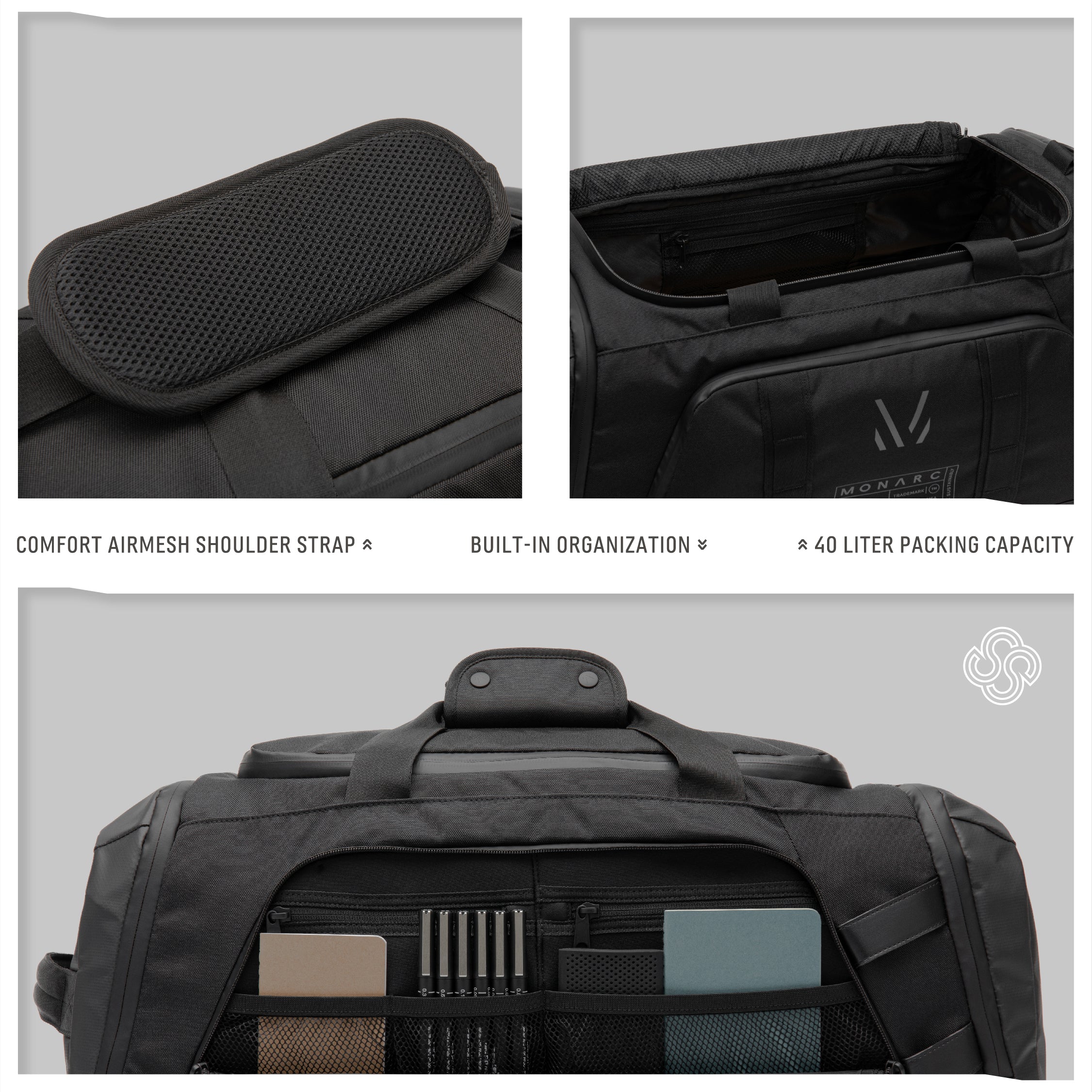 Detail of Monarc 40L Travel Duffel Backpack showcasing its comfort-focused design with an Airmesh shoulder strap for enhanced breathability and built-in organization features for efficient packing. The compartment view reveals the backpack's 40-liter capacity, tailored to keep travel essentials organized and accessible.