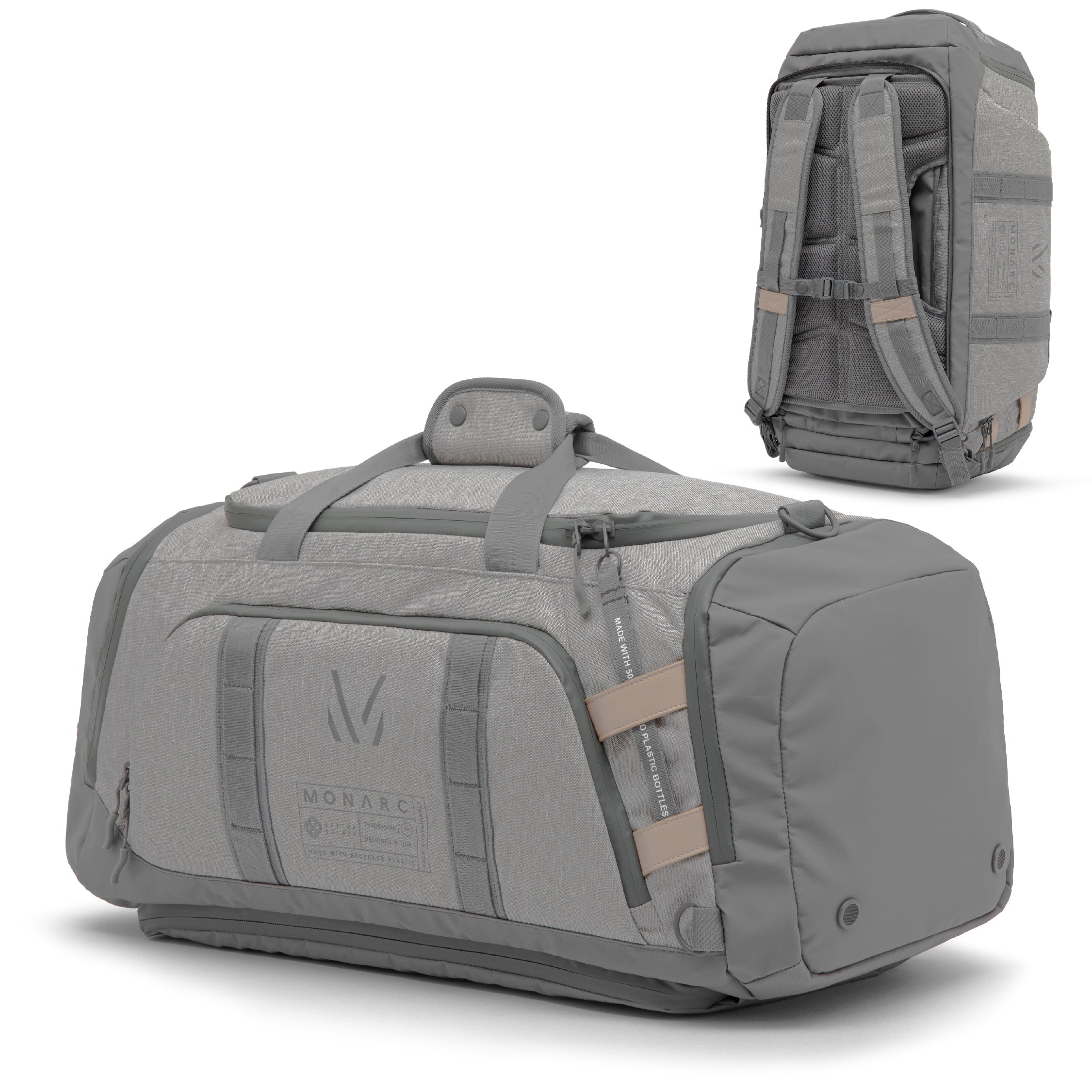  "Monarc 40L Travel Duffel Backpack in light gray displayed in both duffel and backpack orientations. This versatile bag is designed with robust handles, adjustable straps, and a structured body, making it ideal for travelers who need flexibility and durability in their gear.