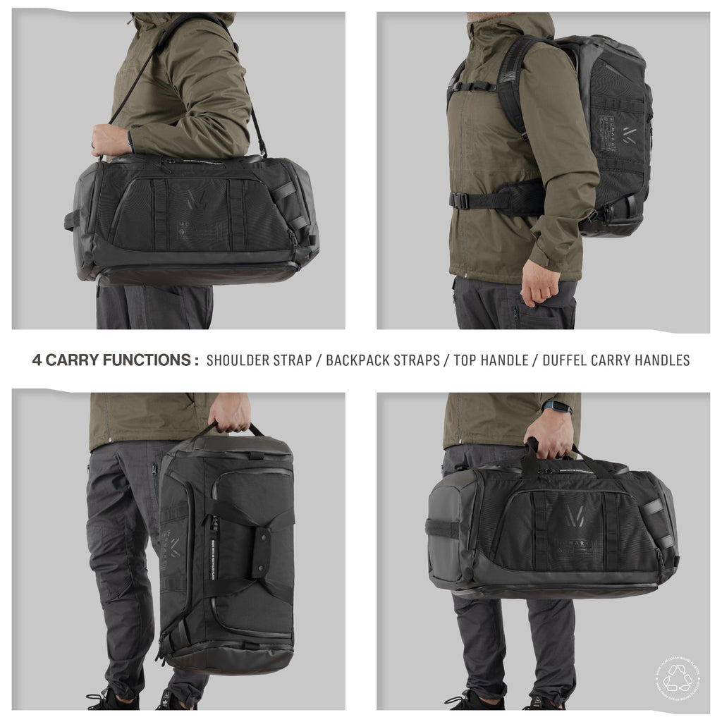 Monarc 40L Travel Duffel Backpack demonstrated by a model, illustrating its four carry functions: shoulder strap, backpack straps, top handle, and duffel carry handles. The images show the backpack worn over an olive jacket, emphasizing its adaptable design for travelers needing versatile carry options.