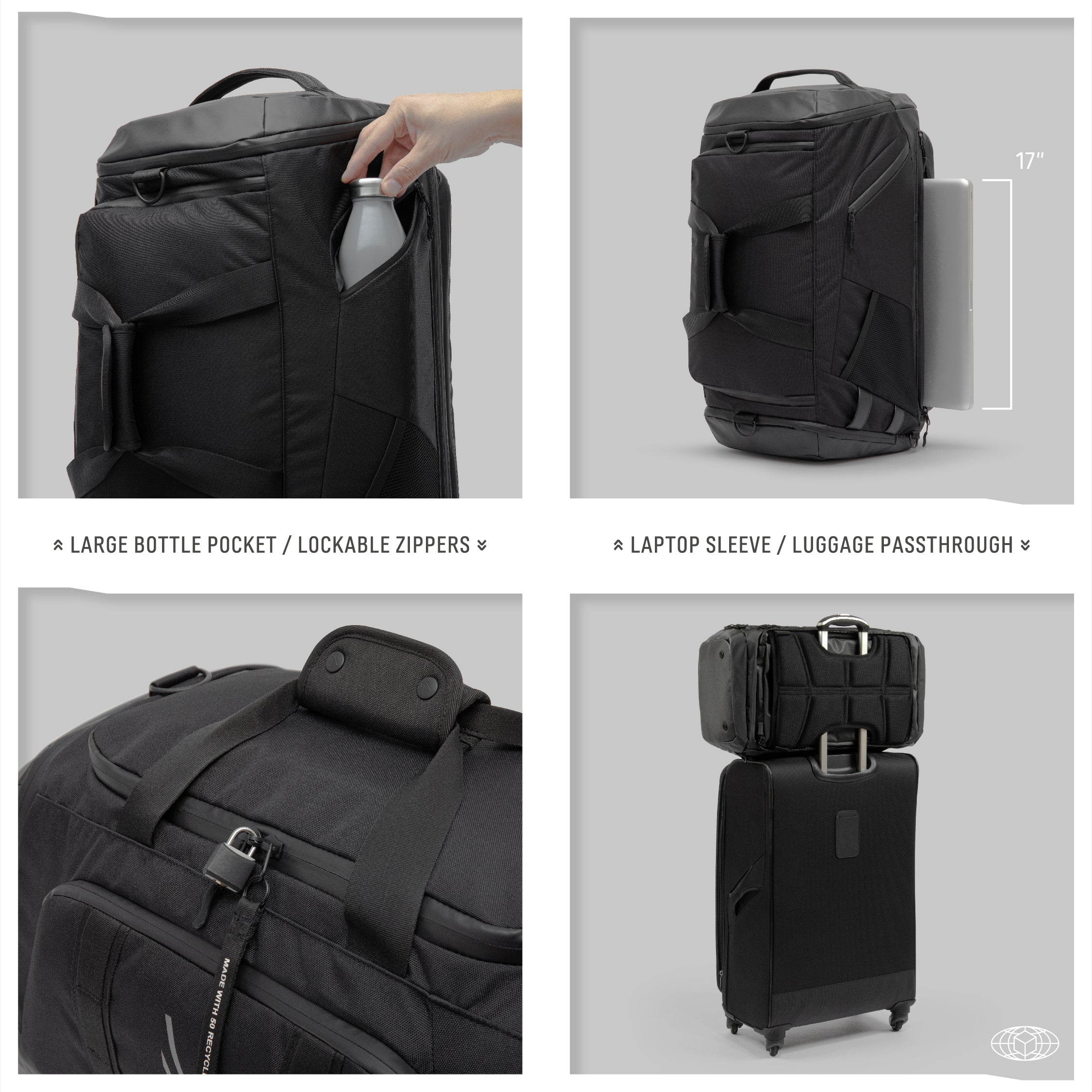 Monarc 40L Travel Duffel Backpack showcasing versatile features: a large side bottle pocket with lockable zippers and a dedicated laptop sleeve with a luggage pass-through for easy travel. The images display the bag's functionality, accommodating essential travel needs with secure, easily accessible compartments.