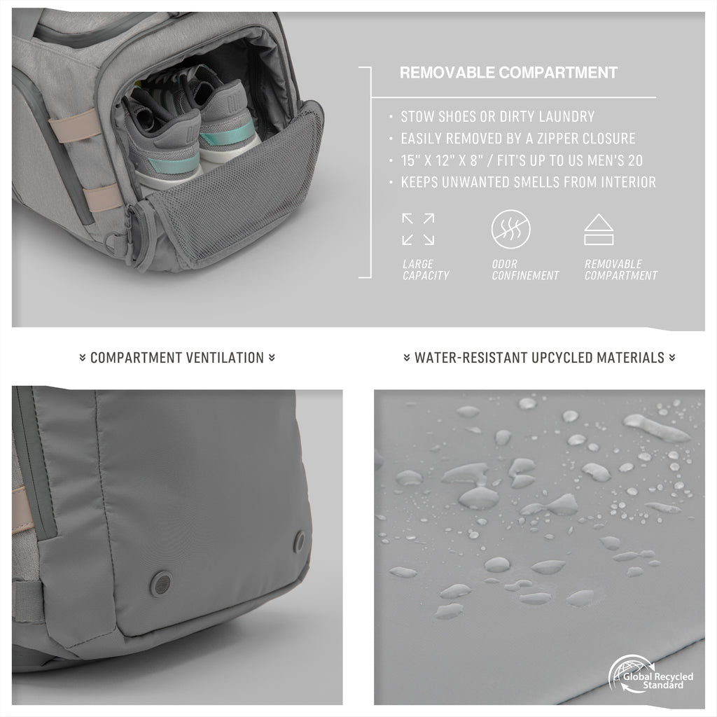 Monarc 40L Travel Duffel Backpack in light gray, featuring a removable shoe compartment with ventilation and made from water-resistant upcycled materials. This section highlights the backpack's functionality for separating shoes or dirty laundry, ensuring odor containment and easy cleaning, suitable for extensive travel needs.