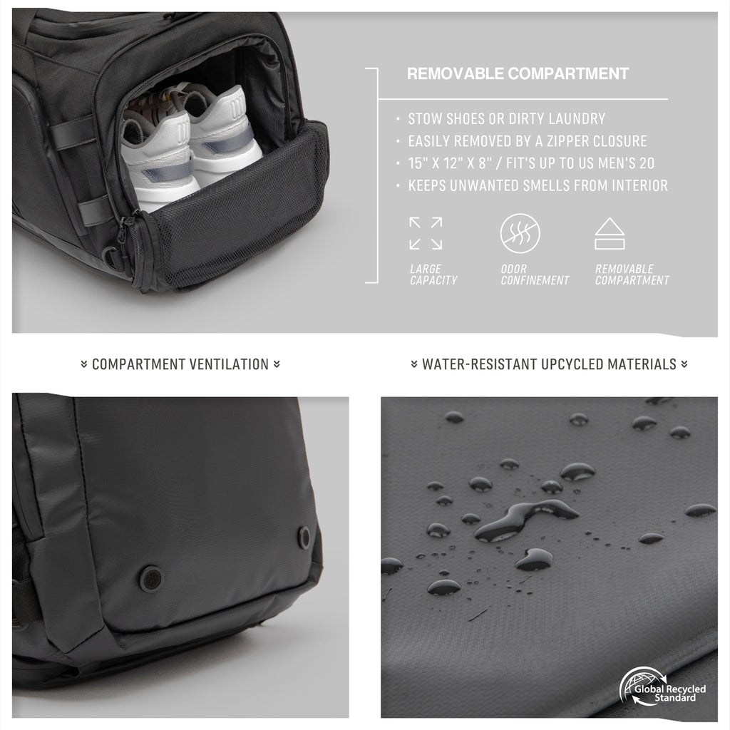 "Monarc 40L Travel Duffel Backpack highlighting its removable compartment, ideal for shoes or dirty laundry with compartment ventilation and water-resistant upcycled materials. This feature ensures odors are confined and items are kept separate from other contents, illustrated by a pair of shoes stored inside the large, ventilated pocket.