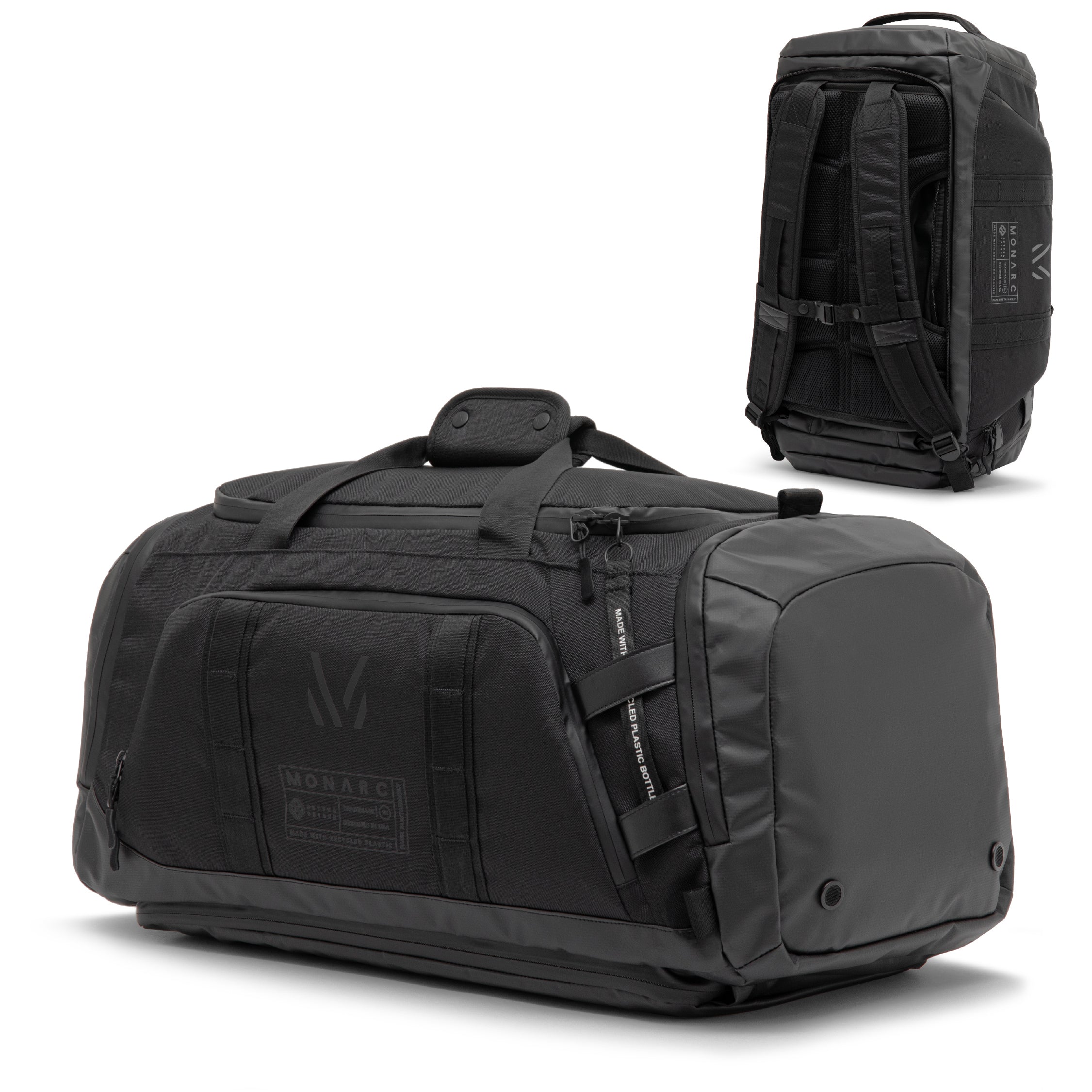 Monarc 40L Travel Duffel Backpack displayed in two orientations: as a duffel and as a backpack. The bag features robust handles, multiple compartments for organization, and a sleek black design with a UV printed Monarc logo, showcasing its versatility and durability for travel.