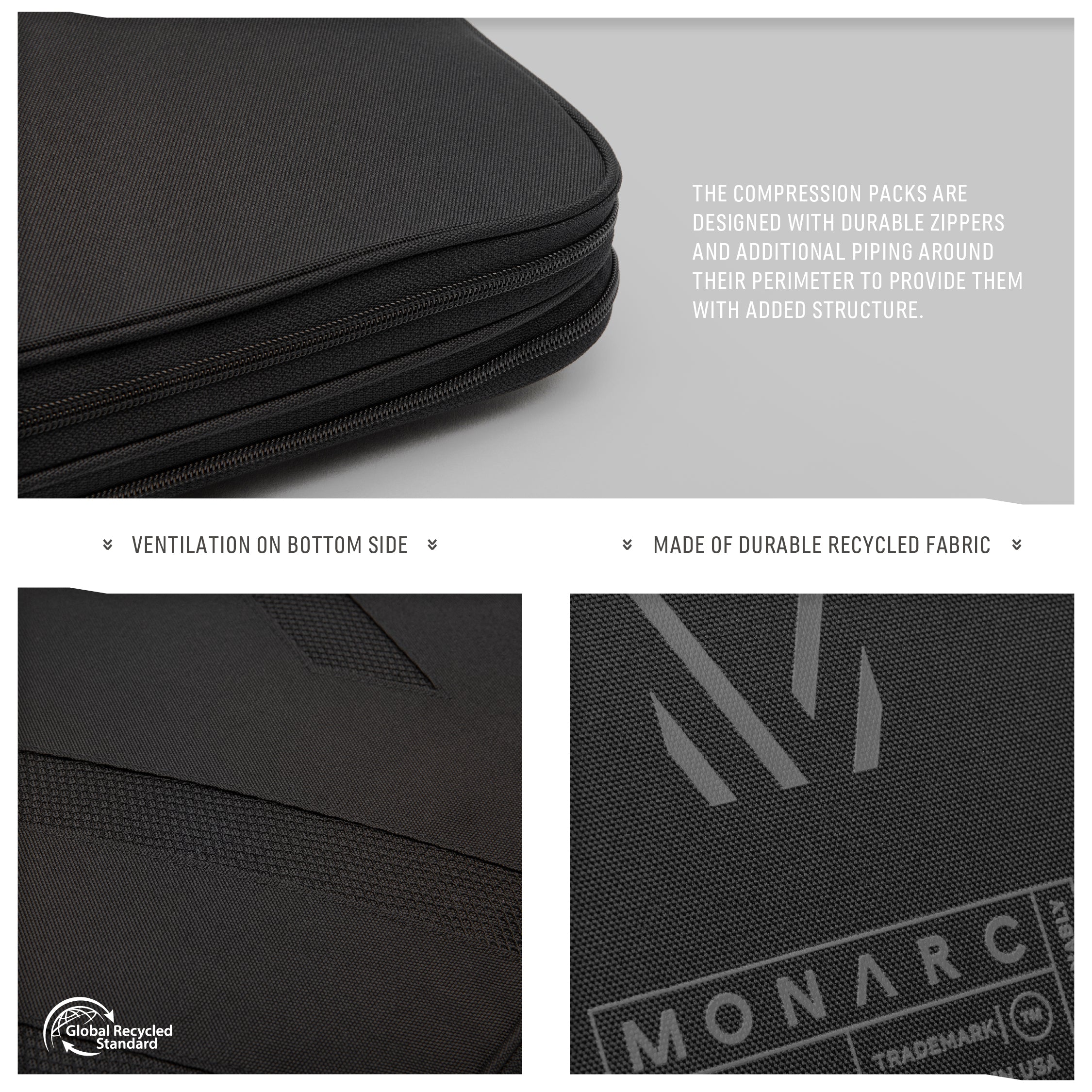 Close-up view of Monarc's black compression pack featuring intricate design details. Ventilation on the bottom side ensures breathability, while the robust recycled fabric highlights sustainability. Durable zippers and structural piping around the edges enhance longevity and functionality.