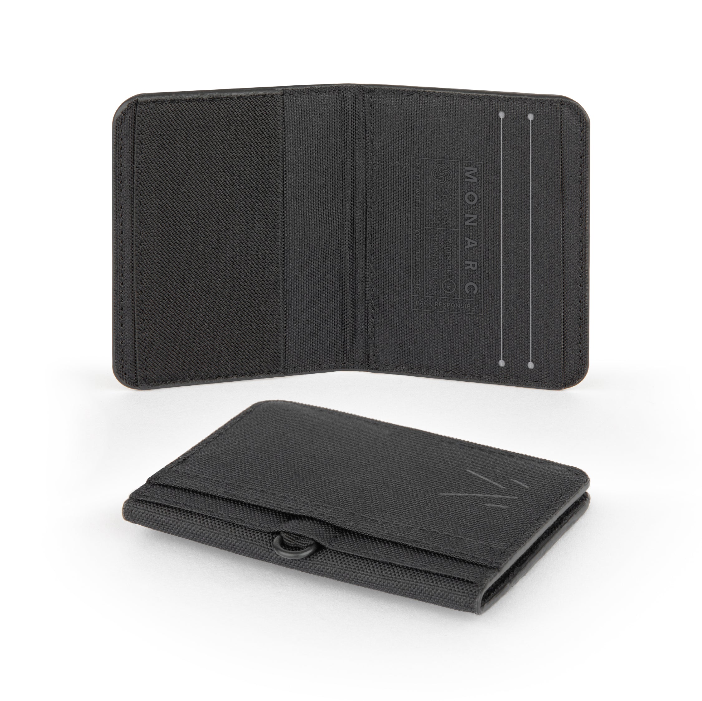 Open and folded views of Monarc's sleek black wallet, highlighting its minimalist design. The wallet features multiple compartments for cards and a secure closure, all crafted from durable recycled materials with detailed stitching and embossed Monarc branding.