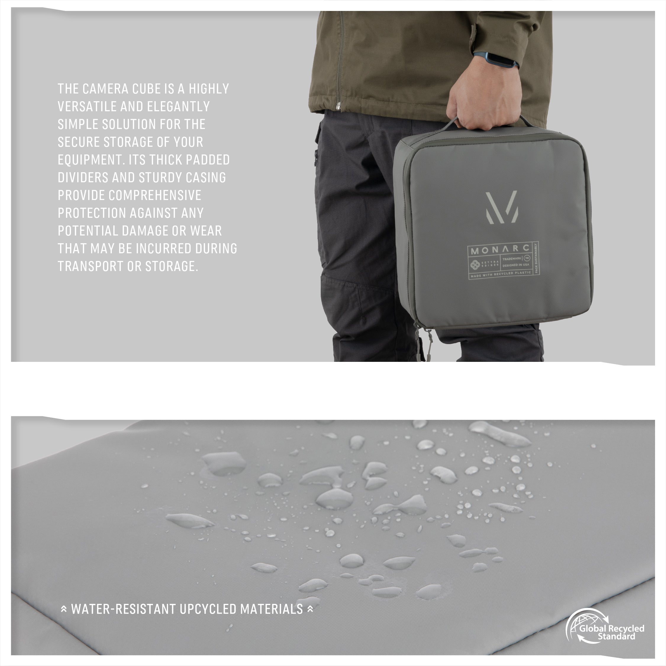 Person carrying the Monarc Camera Cube in gray, designed with water-resistant upcycled materials for durable and secure photography gear storage. The cube features a sleek design with the Monarc logo, emphasizing its functionality and stylish aesthetics for photographers on the move.