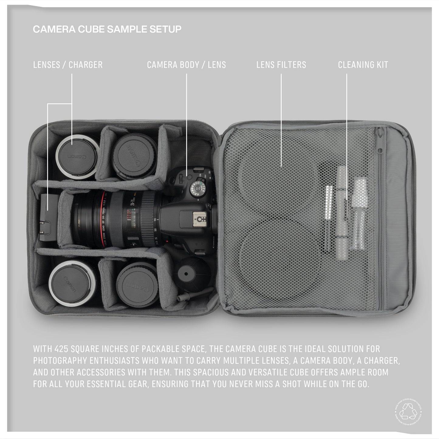 Detailed view of the Monarc Camera Cube in gray, featuring a fully organized setup with camera lenses, a camera body, lens filters, and a cleaning kit in its designated compartments. The layout emphasizes the cube's spacious design and versatility, perfect for photographers who require reliable, secure storage for their equipment on the go.