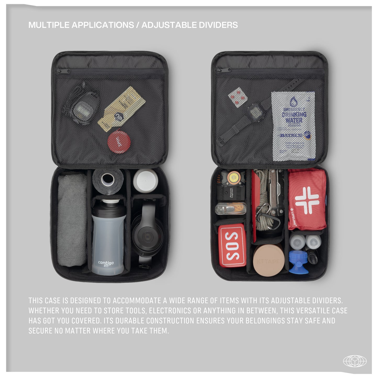 Versatile Monarc Camera Cube showcasing its multi-use capability with adjustable dividers organizing a variety of items including emergency tools, electronics, and personal care products. The layout displays items like a water bottle, flashlight, and first aid kit, illustrating the case's ability to adapt to different storage needs and ensure safe transport of valuable items.