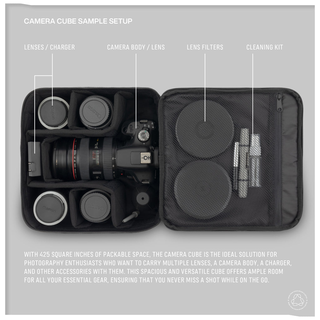 Detailed view of Monarc Camera Cube fully packed, showcasing an optimal organization setup for photography equipment. The cube contains various lenses, a camera body, lens filters, and a cleaning kit, neatly arranged in adjustable compartments with secure padding for protection during travel.