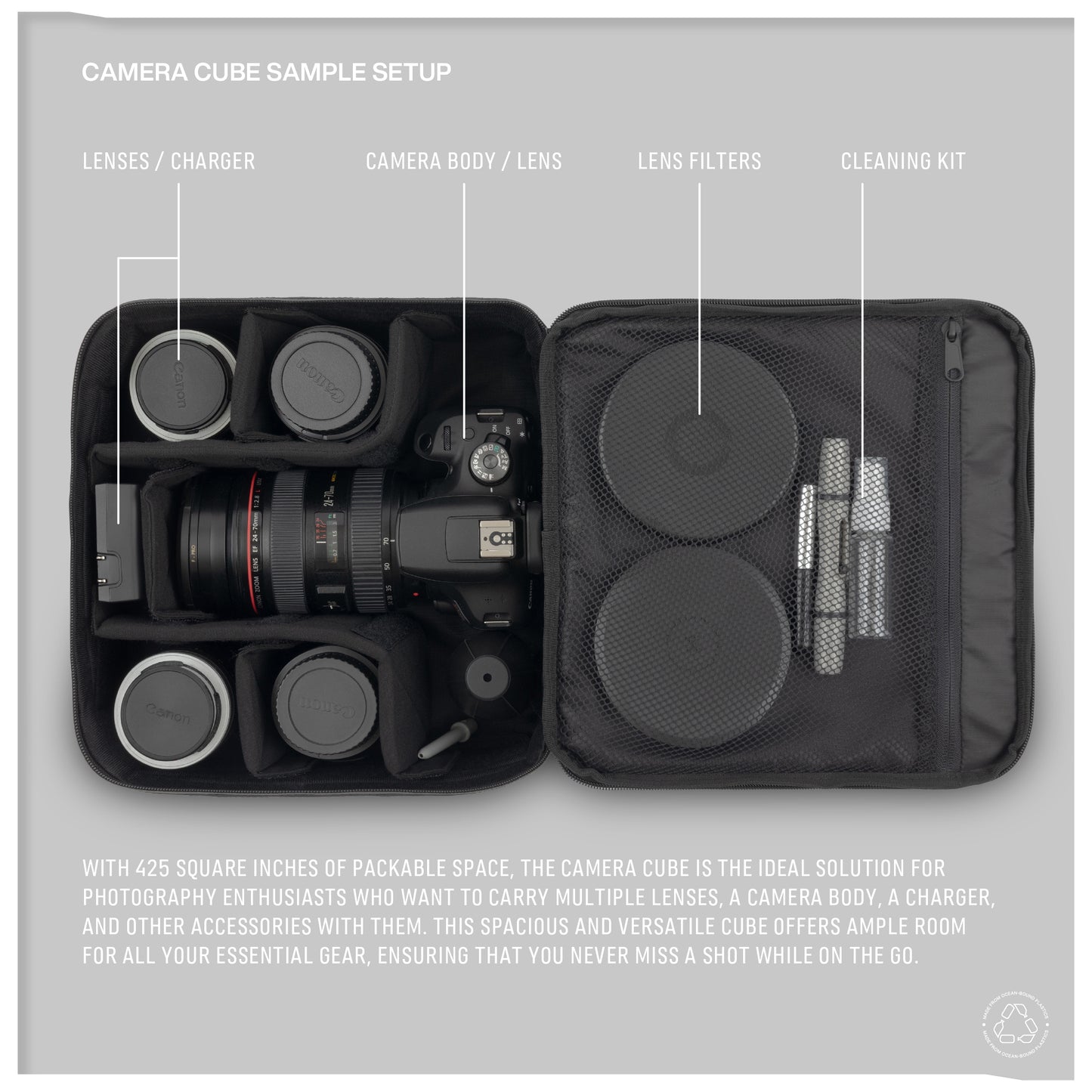 Detailed view of Monarc Camera Cube fully packed, showcasing an optimal organization setup for photography equipment. The cube contains various lenses, a camera body, lens filters, and a cleaning kit, neatly arranged in adjustable compartments with secure padding for protection during travel.