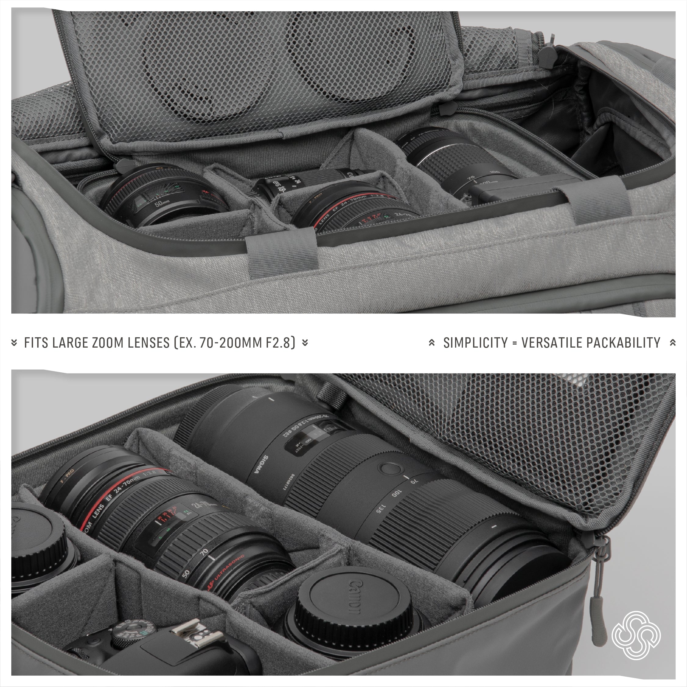 Interior of the Monarc Camera Cube in gray, strategically loaded with large zoom lenses such as the 70-200mm F2.8, showcasing its capacity and versatile packability. The cube features adjustable padded dividers to secure and organize the lenses neatly, emphasizing simplicity and efficient use of space.