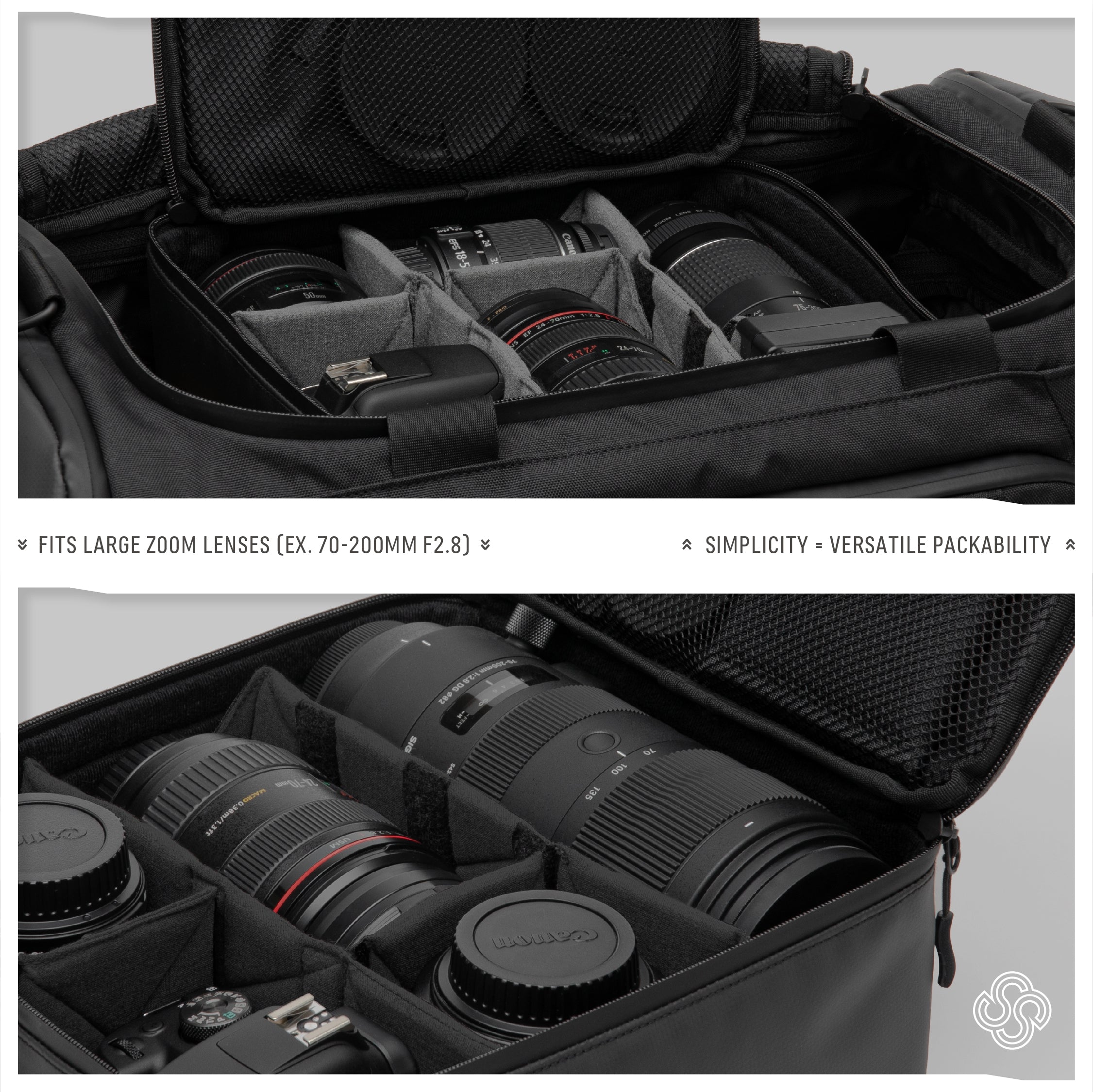 Interior view of the Monarc Camera Cube showcasing its capacity to securely fit large zoom lenses like a 70-200mm F2.8, along with other camera gear. The compartments are designed for maximum protection and organization, featuring versatile packability that maintains simplicity while accommodating essential photography equipment.