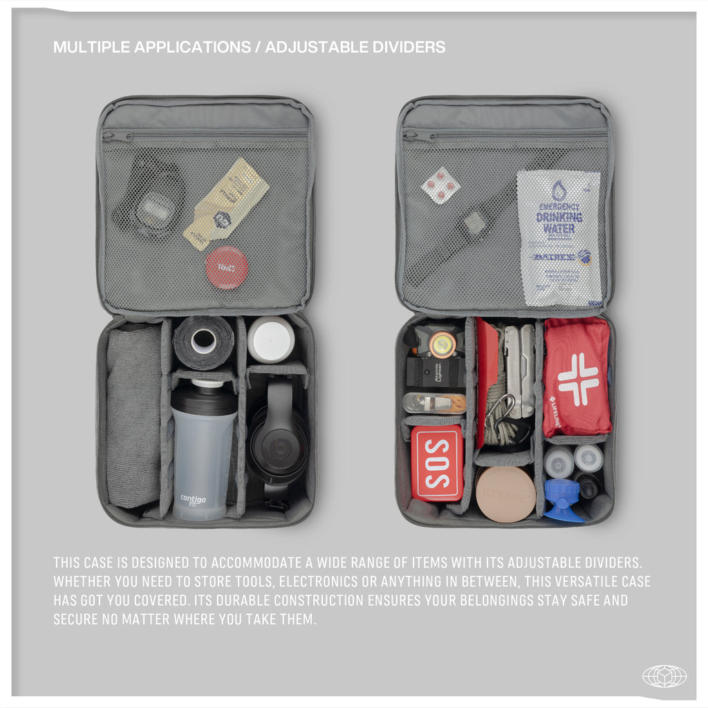 Versatile Monarc Camera Cube in gray, displayed with its adjustable dividers organizing a range of items including tools, electronics, and emergency gear. The open view shows compartments holding a water bottle, camera, and first aid kit, highlighting the cube's capability to secure and organize diverse essentials effectively.