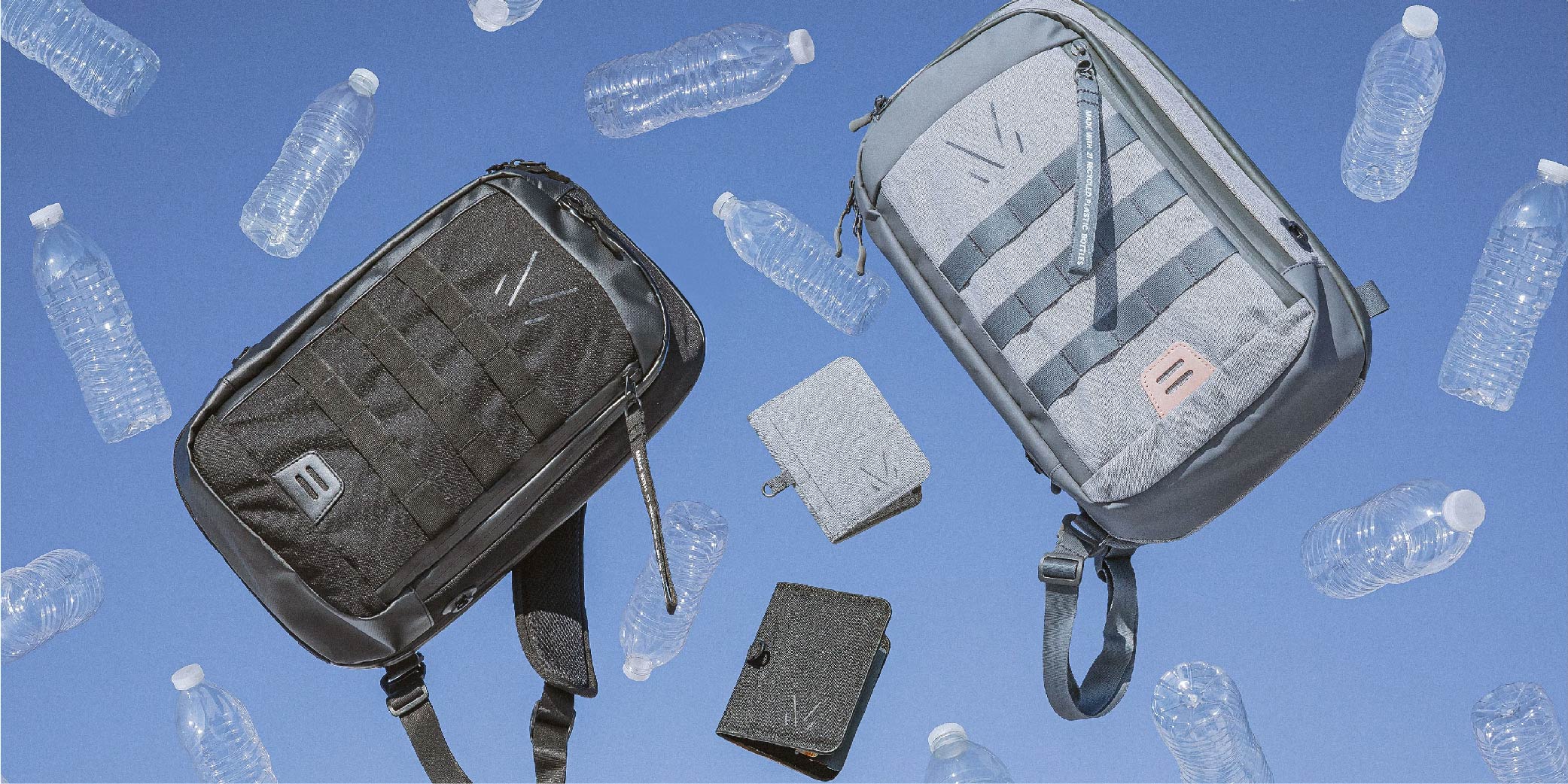 Monarc Crossbody Sling Bags and travel wallets floating with plastic bottles