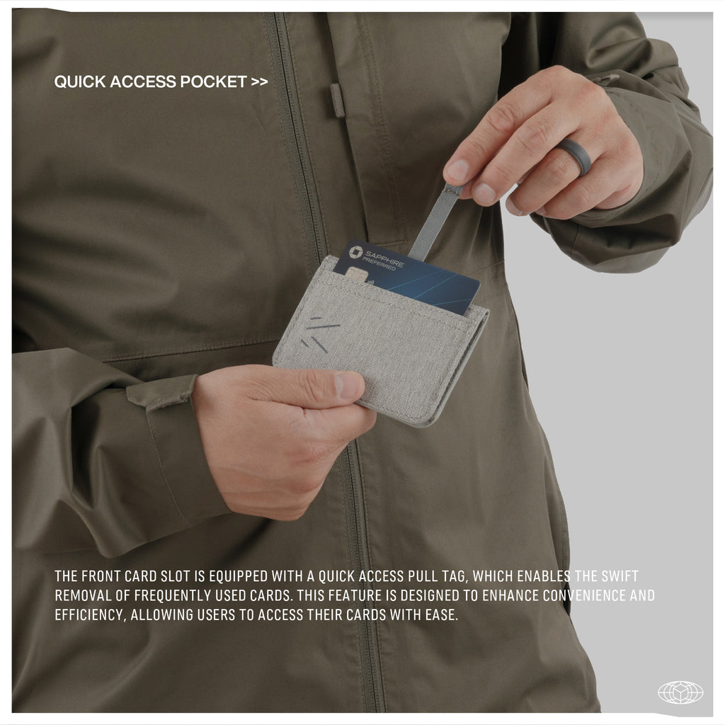 Monarc wallet in gray, demonstrated by a person extracting a card from the quick access pocket, designed for ease and speed. The wallet’s compact and lightweight design ensures a seamless fit into a jacket, emphasizing practicality and style.