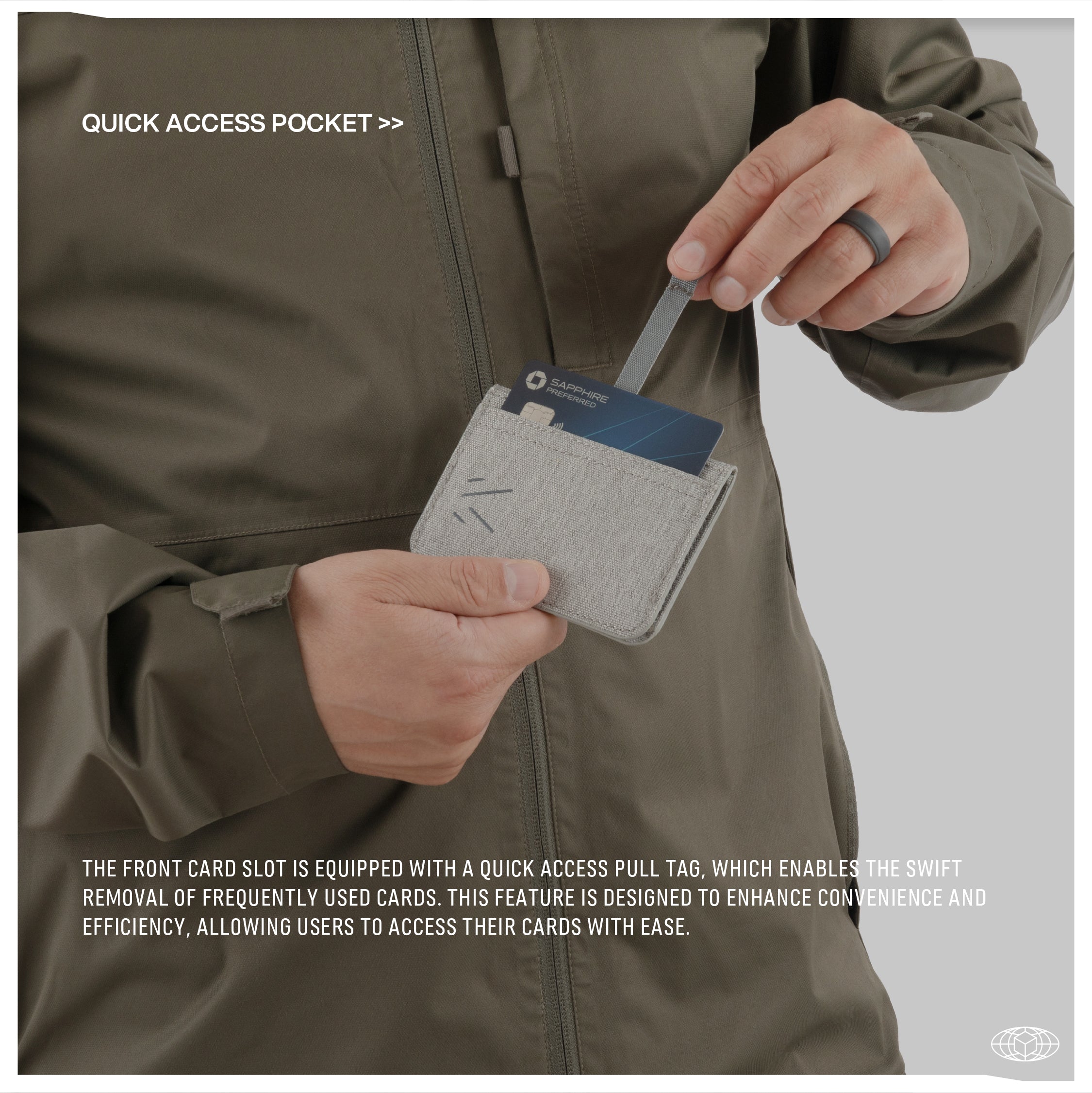 Monarc wallet in gray, demonstrated by a person extracting a card from the quick access pocket, designed for ease and speed. The wallet’s compact and lightweight design ensures a seamless fit into a jacket, emphasizing practicality and style.