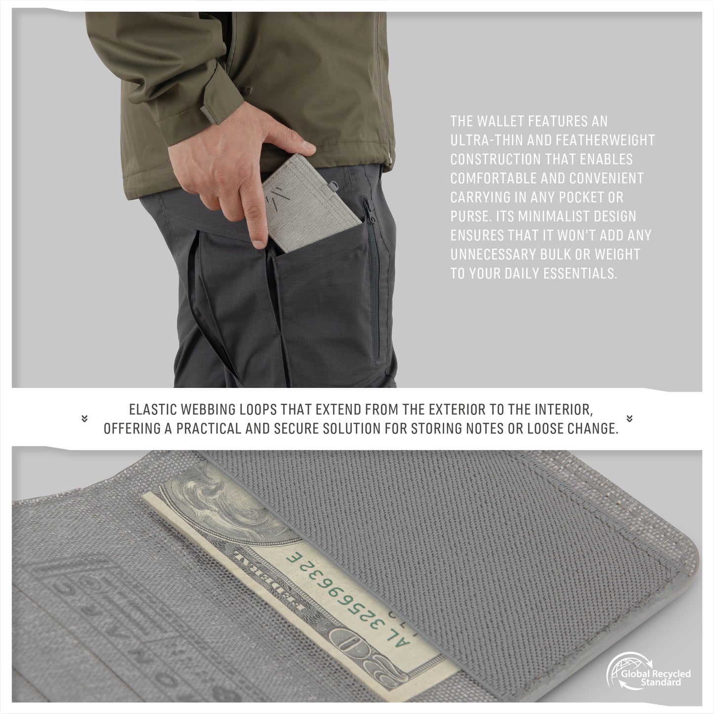 Close-up of a gray Monarc wallet, showcasing its slim design and elastic webbing loops, ideal for securing notes or loose change without adding bulk. The wallet is demonstrated in a practical setting, half-inserted into a pocket to emphasize its sleek, everyday usability.