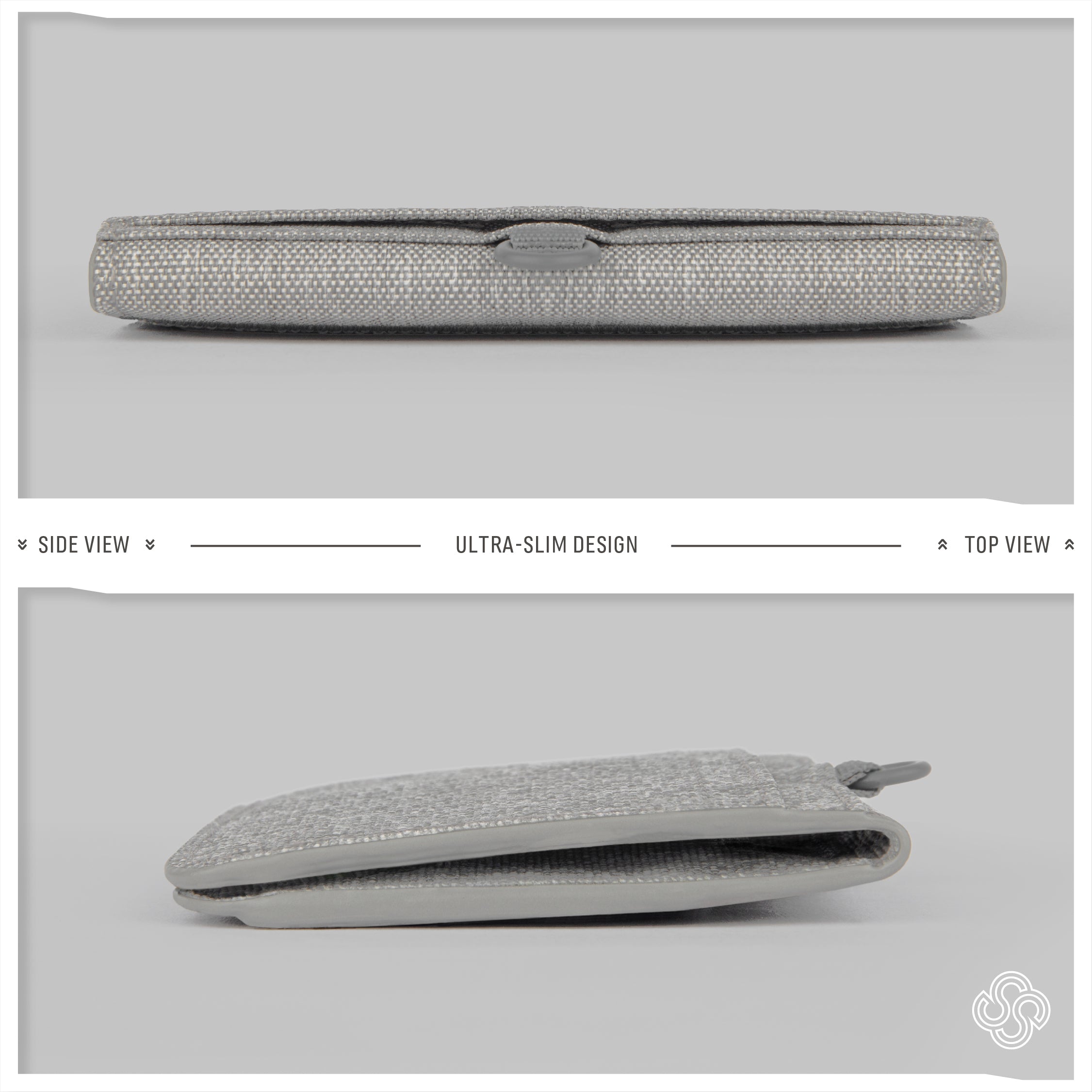 Profile and top views of the Monarc wallet in gray, demonstrating its ultra-slim design. The minimalistic and sleek wallet is displayed closed and slightly open, highlighting its thinness and the subtle Monarc logo on the closure.