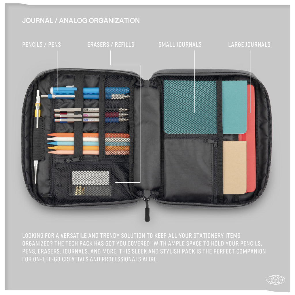 Open view of the Monarc Tech Pack showcasing its analog organization capabilities with compartments filled with various stationery items such as pencils, pens, erasers, and journals both small and large. The pack's layout is designed for easy access and tidy storage, ideal for on-the-go creatives and professionals.
