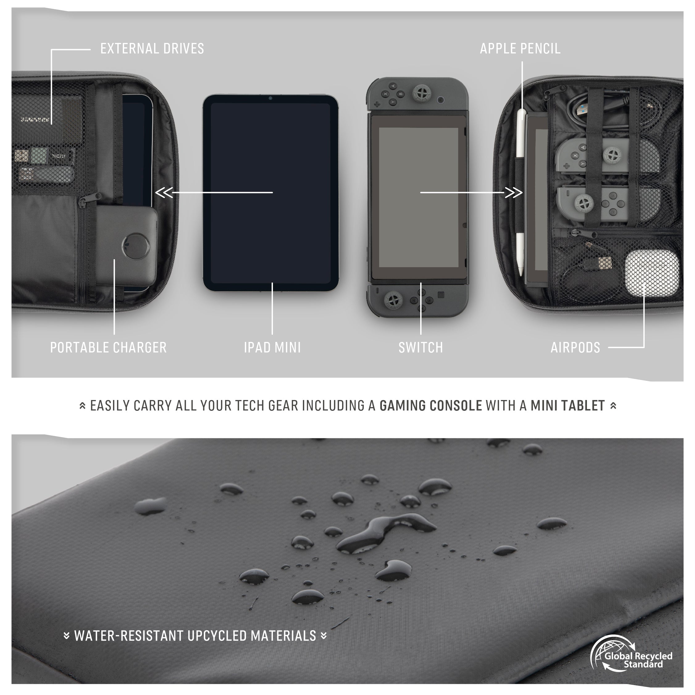  "Monarc Tech Pack loaded with an array of tech gadgets, including an iPad Mini, Nintendo Switch, AirPods, and various chargers and accessories, organized within its compartments. This image highlights the pack's capability to secure and organize different types of tech gear for easy access and transport, crafted from durable, water-resistant upcycled materials.