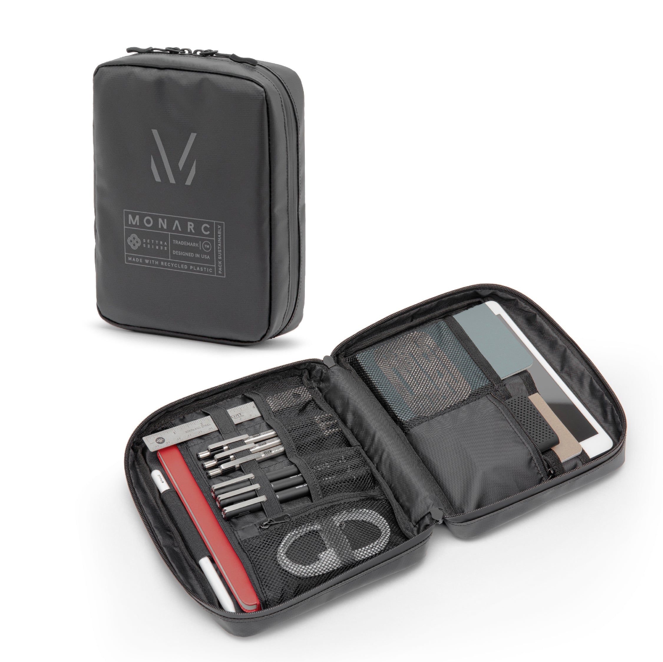 Monarc Tech Pack in black, displayed closed and open, revealing its organized compartments. The pack is designed to hold various tools and tech gadgets securely with dedicated slots for a tablet, pens, and small electronic accessories, highlighting its practicality for tech-savvy users on the go.