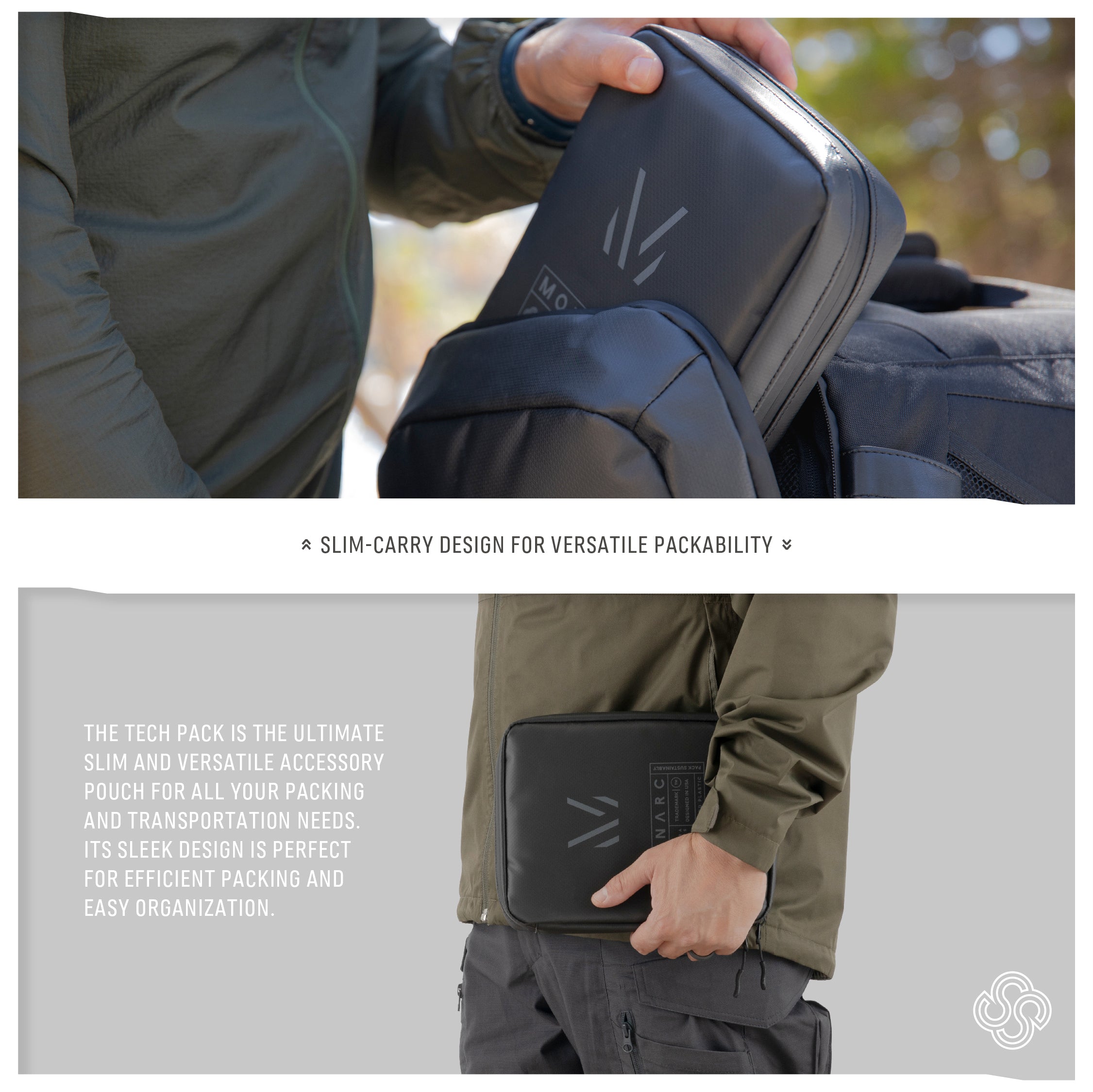  person is shown tucking the Monarc Tech Pack into their backpack, emphasizing the pack's slim and sleek design, making it ideal for versatile packing. The tech pack’s black, water-resistant material highlights its functionality for outdoor activities, providing a compact solution for tech and travel essentials.