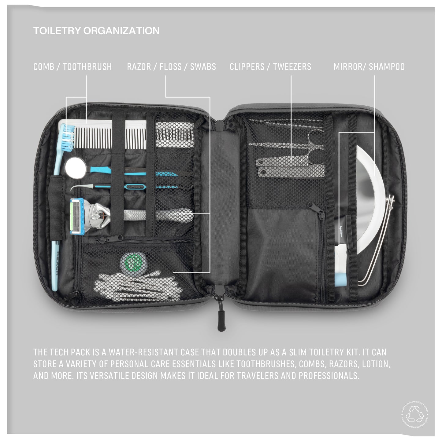 Monarc Tech Pack smartly organized as a travel toiletry kit with sections for a comb, toothbrush, razors, clippers, and more, displayed against a black background. Each item is securely stored in designated compartments, demonstrating the pack's adaptability from tech gear to personal care items, made from water-resistant, durable materials.