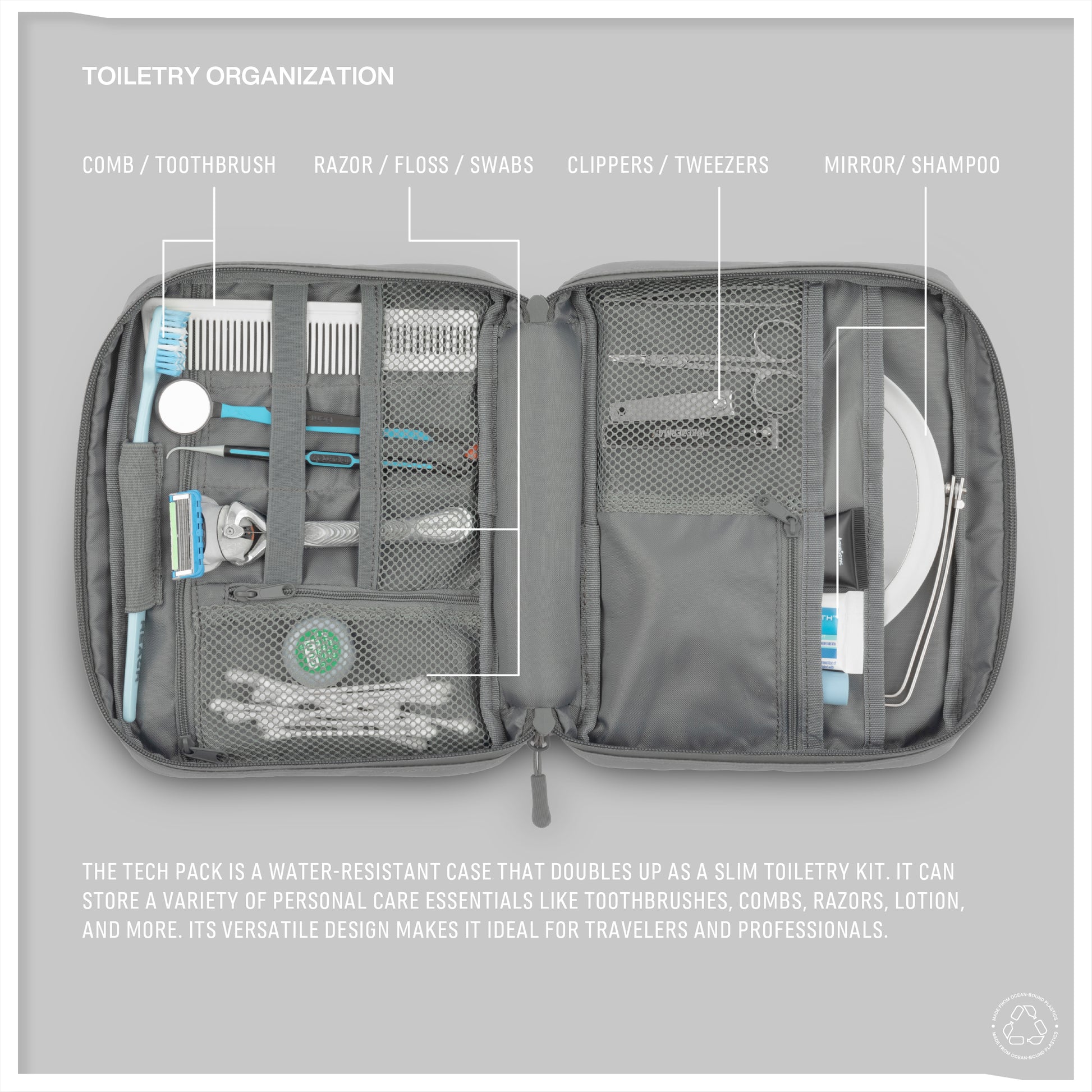 Monarc Tech Pack in versatile gray, showcasing an organized interior for toiletries—features compartments for a comb, toothbrush, razor, clippers, and more, against a water-resistant backdrop. Ideal for both travel and daily use, crafted from durable, upcycled materials ensuring robust protection.