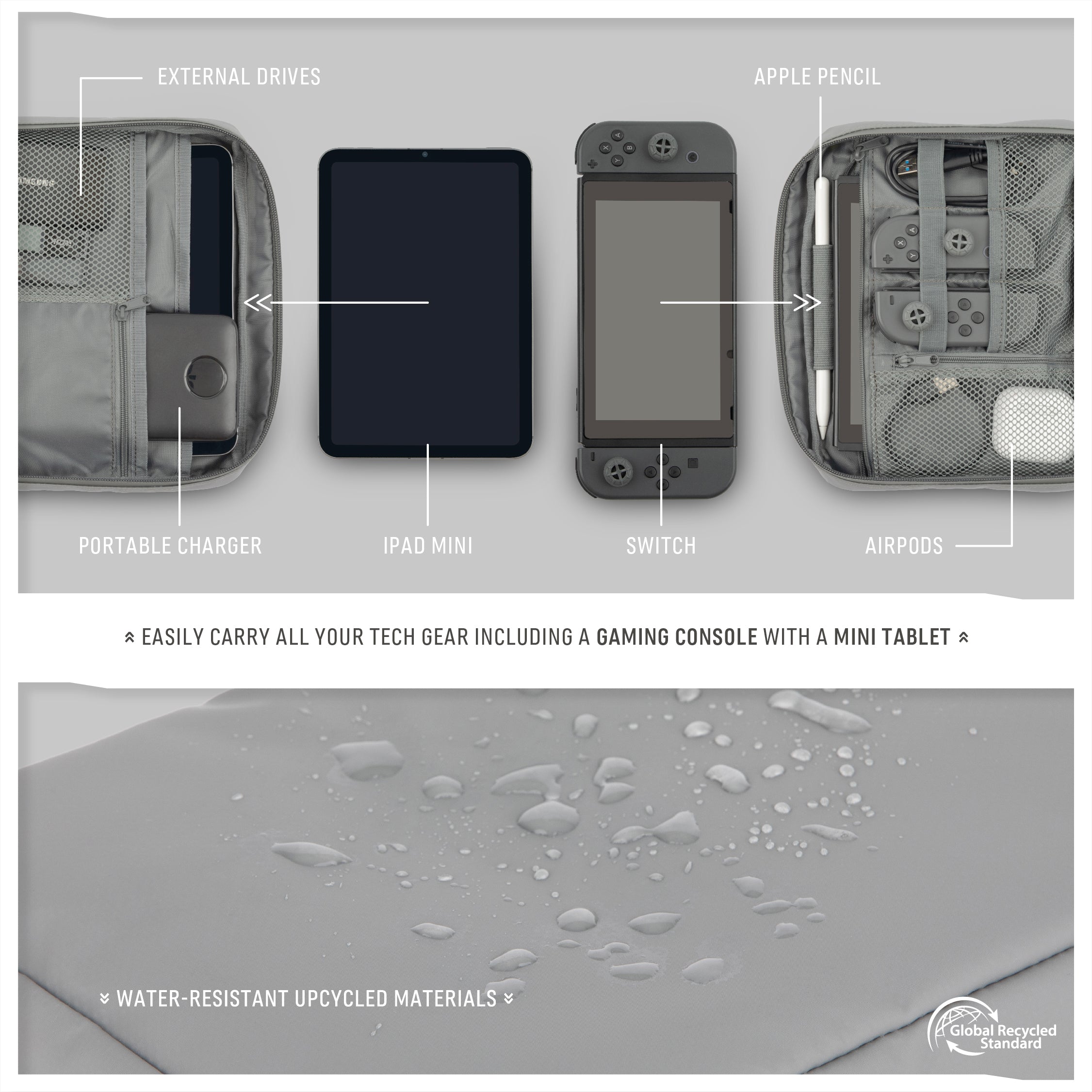 Versatile Monarc Tech Pack in gray, showcasing its open compartment with various tech items including an iPad mini, a gaming console, Apple Pencil, and other gadgets neatly organized. The pack features water-resistant upcycled materials, highlighted by water droplets on the surface, emphasizing its durability and eco-friendly design. Ideal for securely carrying and organizing tech essentials on the go.