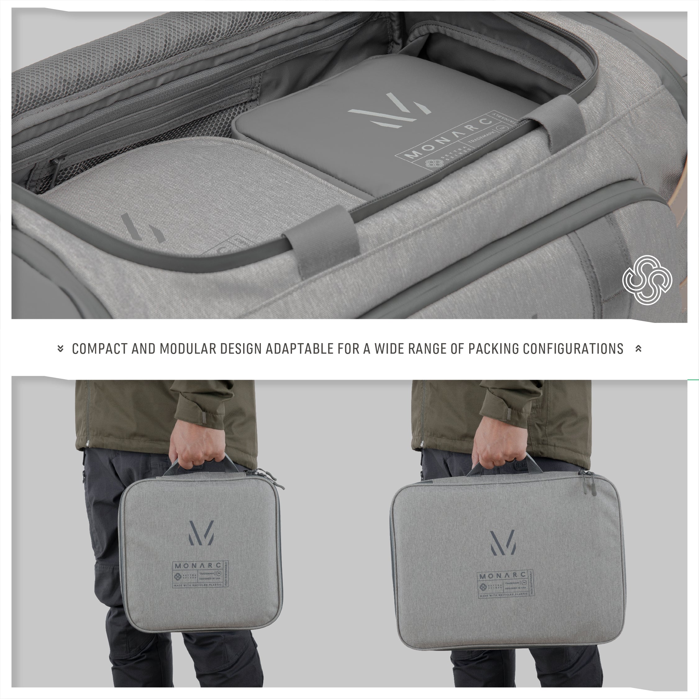 A traveler effortlessly integrates the Monarc travel set into their luggage, showcasing two sleek gray packing cubes of varying sizes. The cubes are designed with a compact and modular structure, making them perfect for a range of packing needs, from clothes to gadgets, ensuring everything stays organized and accessible in any travel scenario.