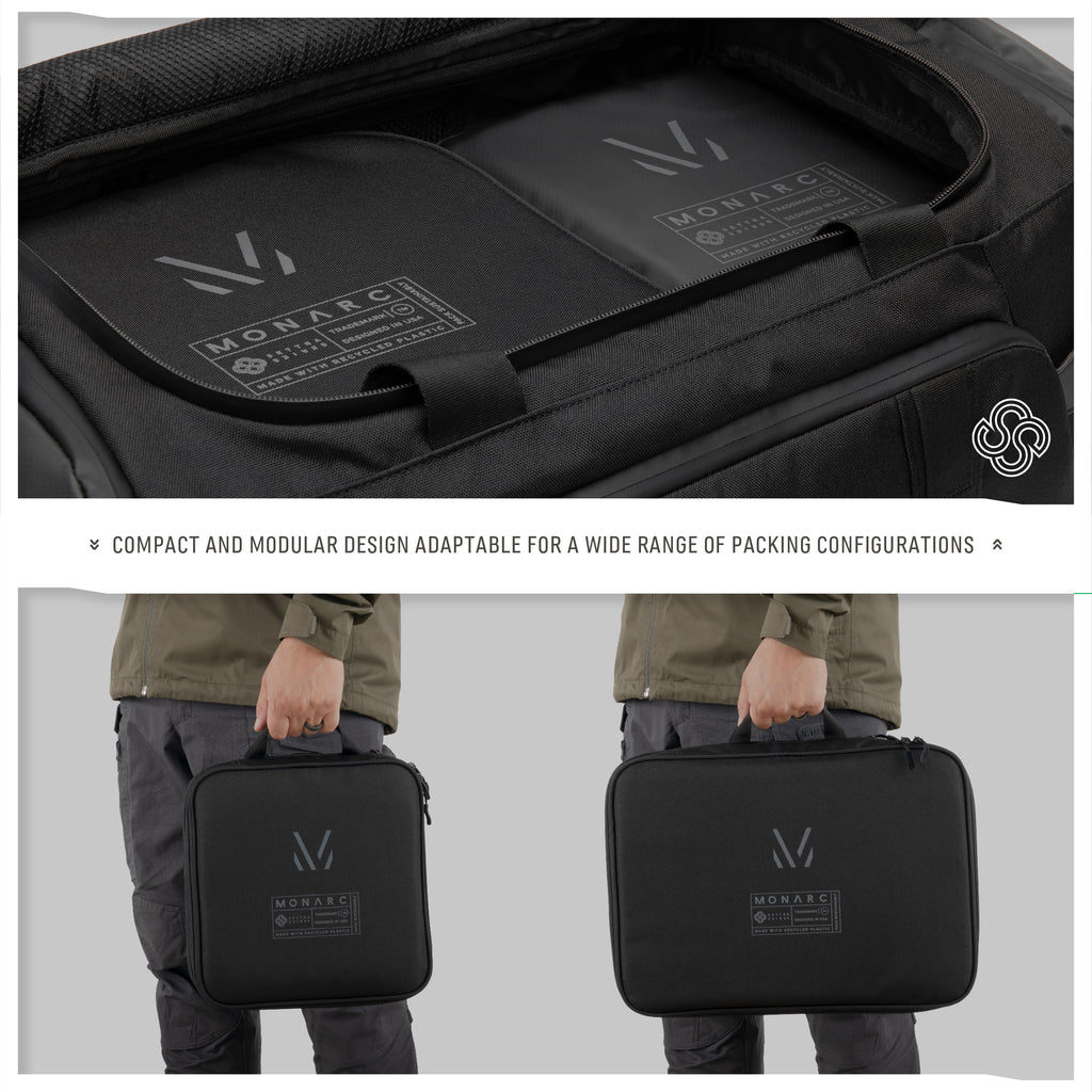Monarc Travel Set displayed both in a duffel bag and held separately, showcasing its compact and modular design for a versatile packing experience, highlighted with the Monarc logo on the black cases, suitable for a wide range of packing needs.