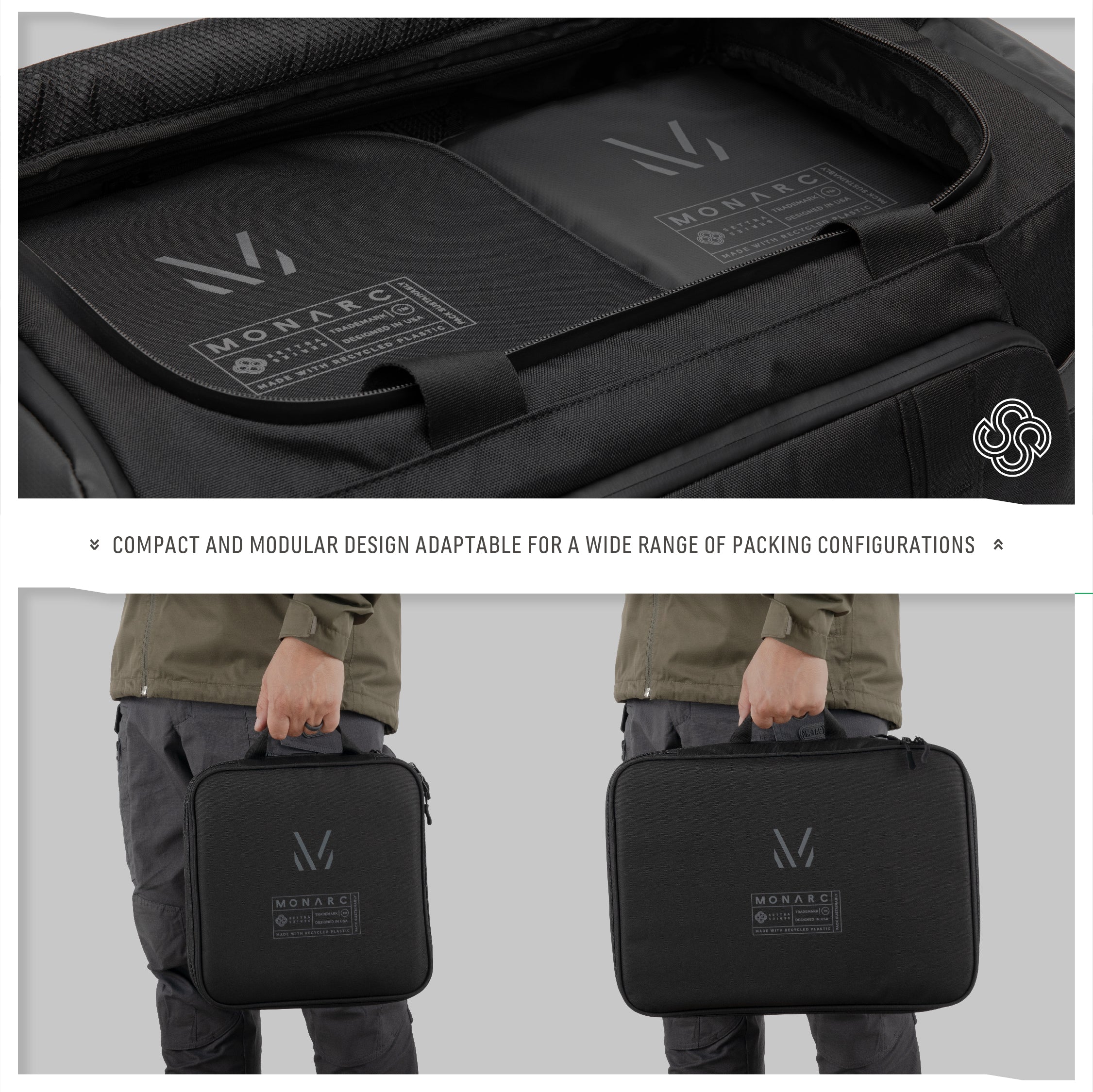 Monarc Travel Set displayed both in a duffel bag and held separately, showcasing its compact and modular design for a versatile packing experience, highlighted with the Monarc logo on the black cases, suitable for a wide range of packing needs.